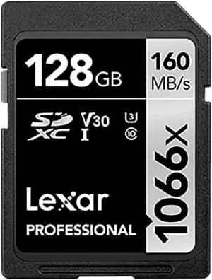 Lexar 128GB Professional 1066x SD Card, UHS-I, C10, U3, V30, Full HD, 4K, Up To 160MB/s Read SDXC Memory Card, for DSLR & Mirrorless Cameras (LSD1066128G-BNNNU)