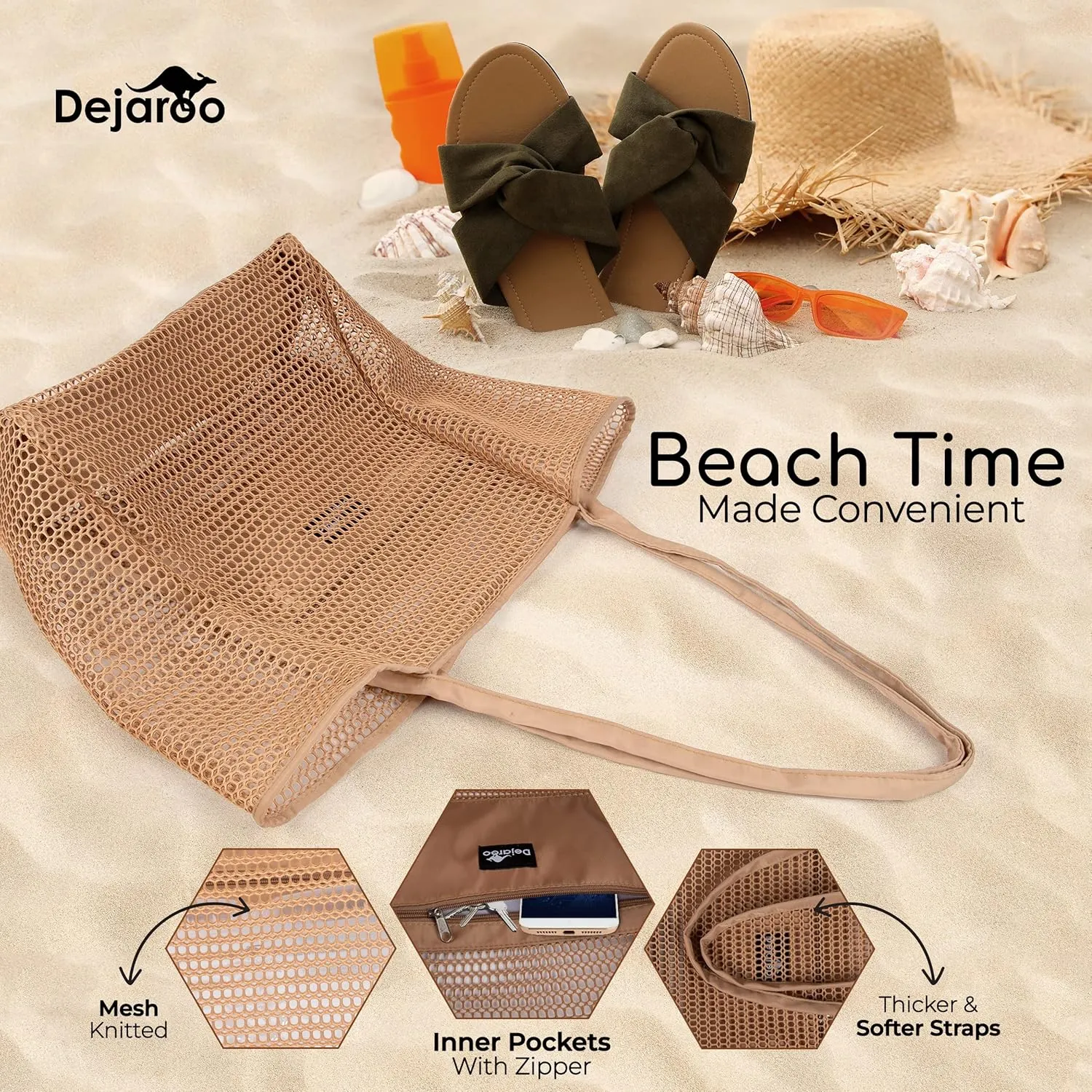 Lightweight Mesh Beach Bag - Beach Tote Bag with Thicker and Softer Straps - Packable Beach Bag with Inner Zipper