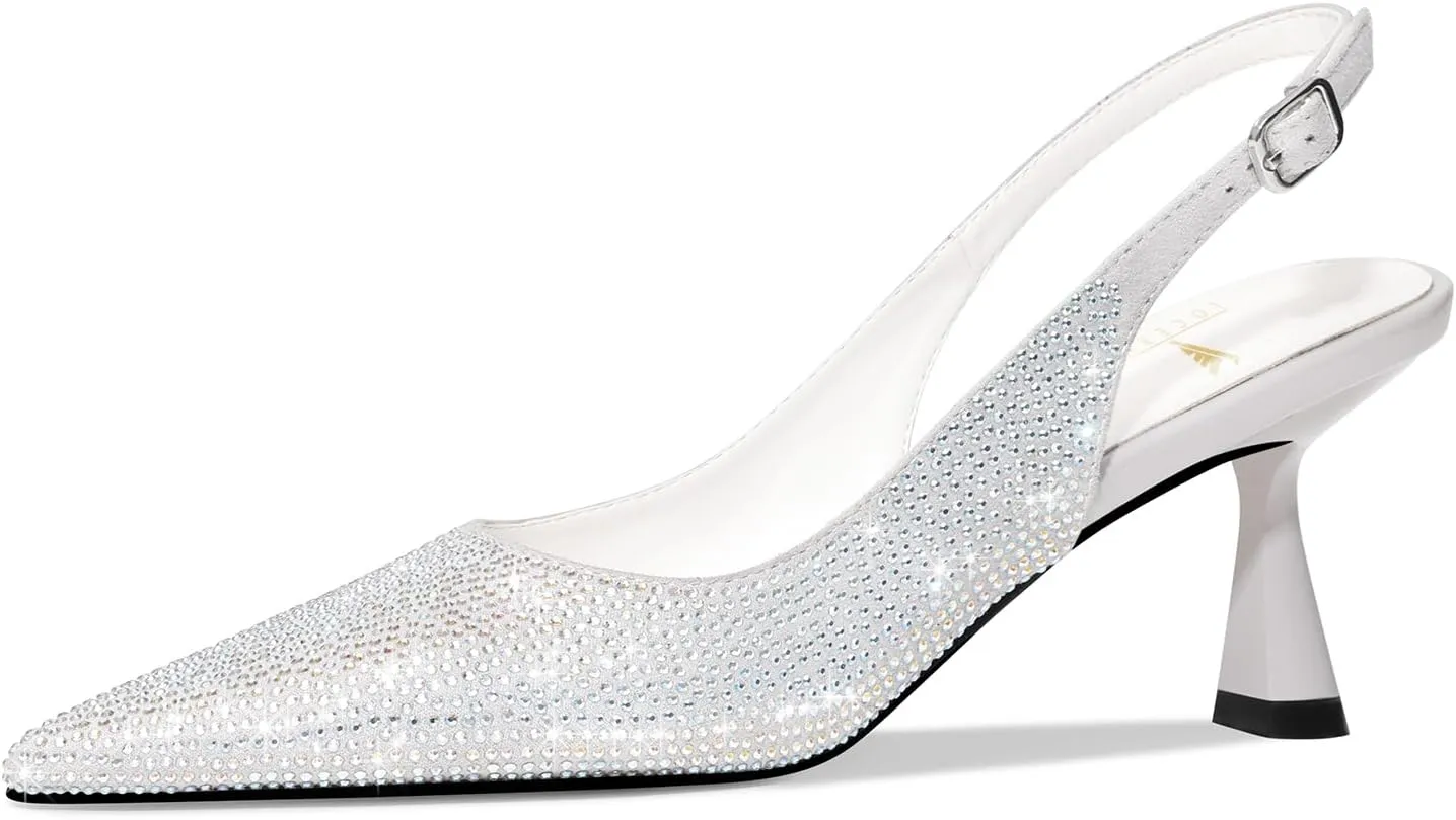 LOCERICH Women's Kitten Heels Slingback Low Heel Dress Shoes Closed Toe Pumps Rhinestone Pointed Toe Sparkly Sling Back Bridal Wedding Party