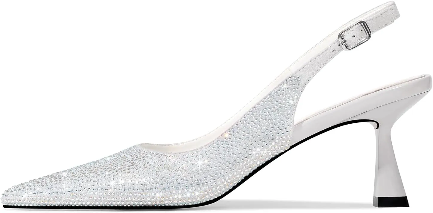 LOCERICH Women's Kitten Heels Slingback Low Heel Dress Shoes Closed Toe Pumps Rhinestone Pointed Toe Sparkly Sling Back Bridal Wedding Party