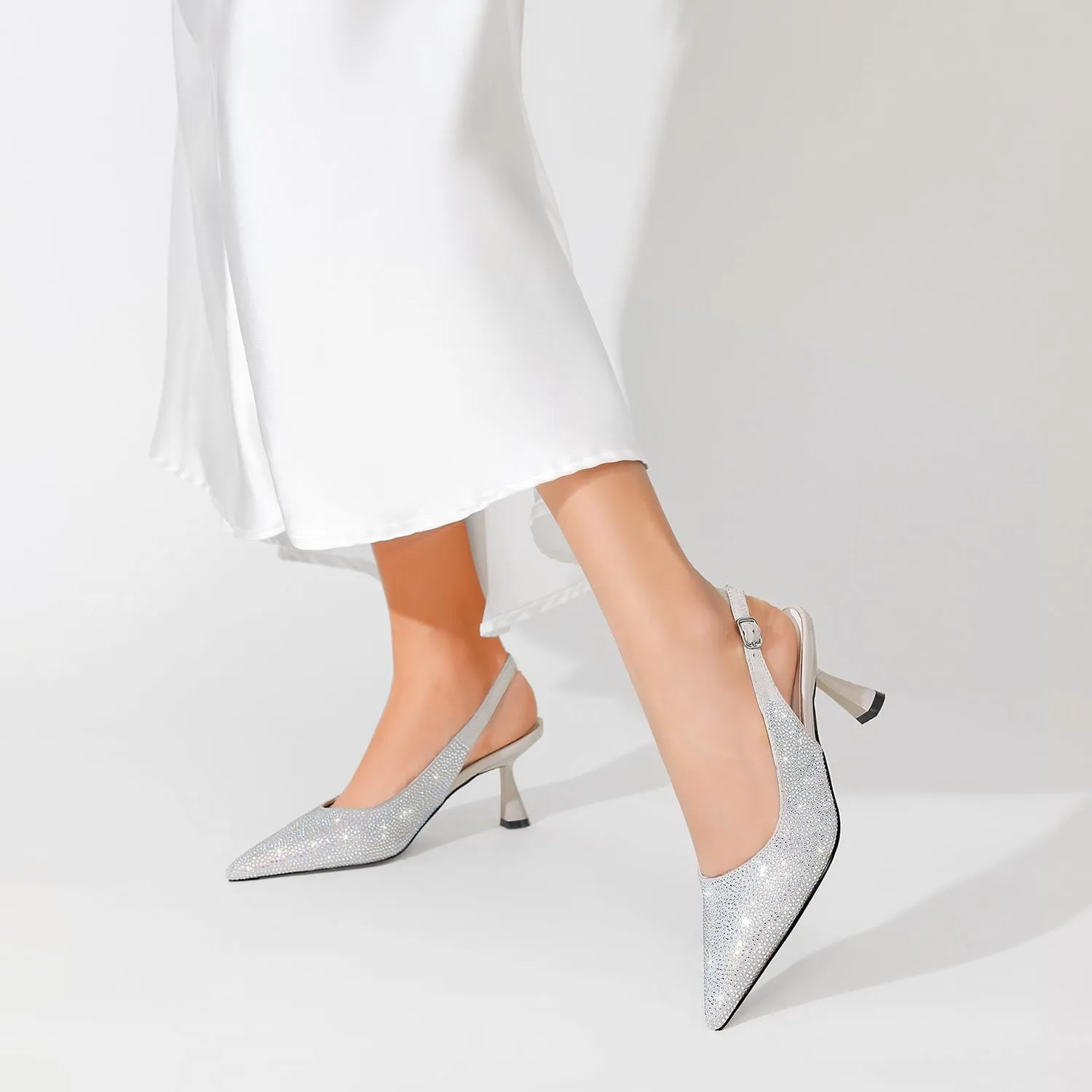LOCERICH Women's Kitten Heels Slingback Low Heel Dress Shoes Closed Toe Pumps Rhinestone Pointed Toe Sparkly Sling Back Bridal Wedding Party