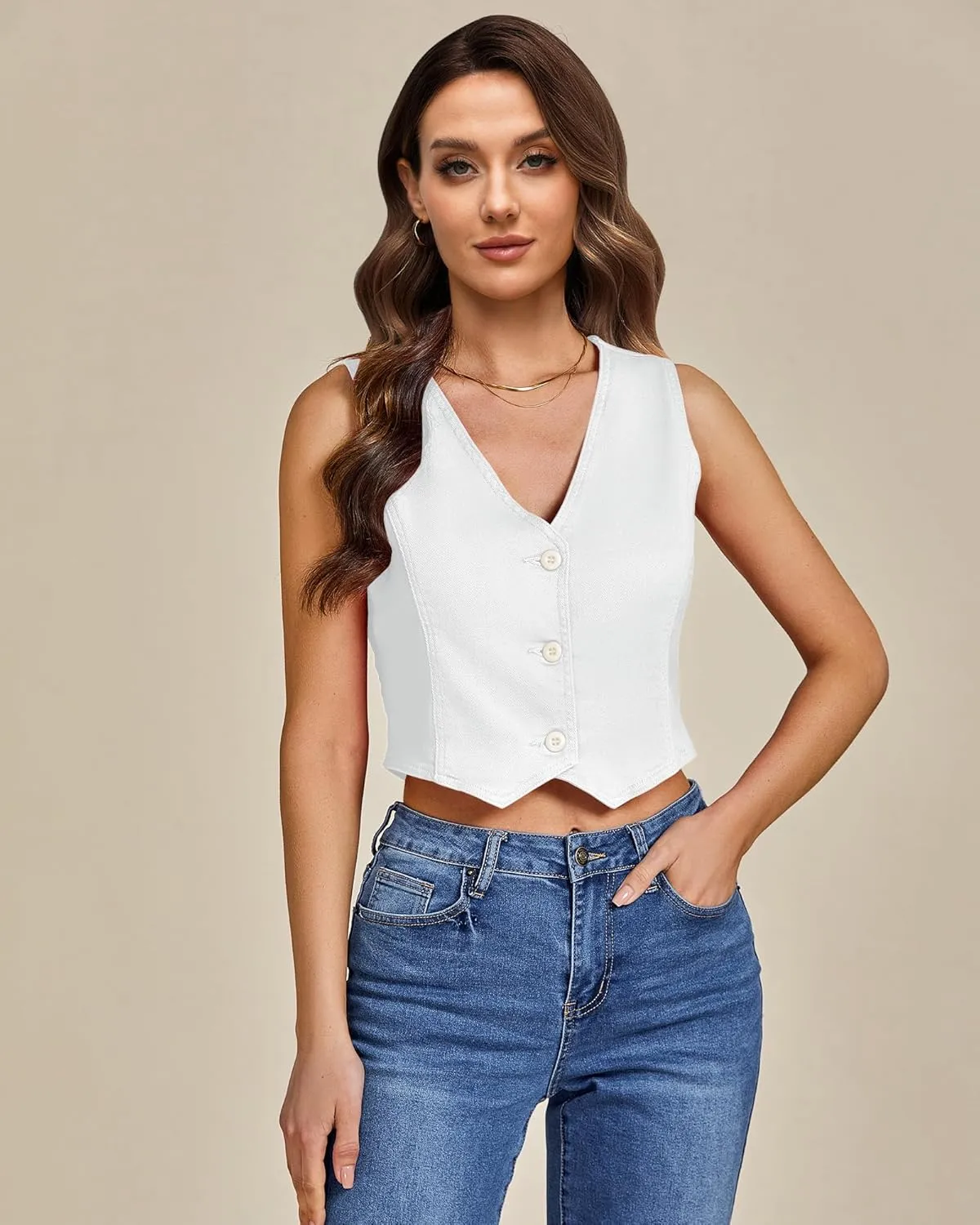 LookbookStore Denim Vest for Women Trendy Sleeveless Cropped Stretchy Jean Vests Top Summer Casual Button Wasitcoat Tops
