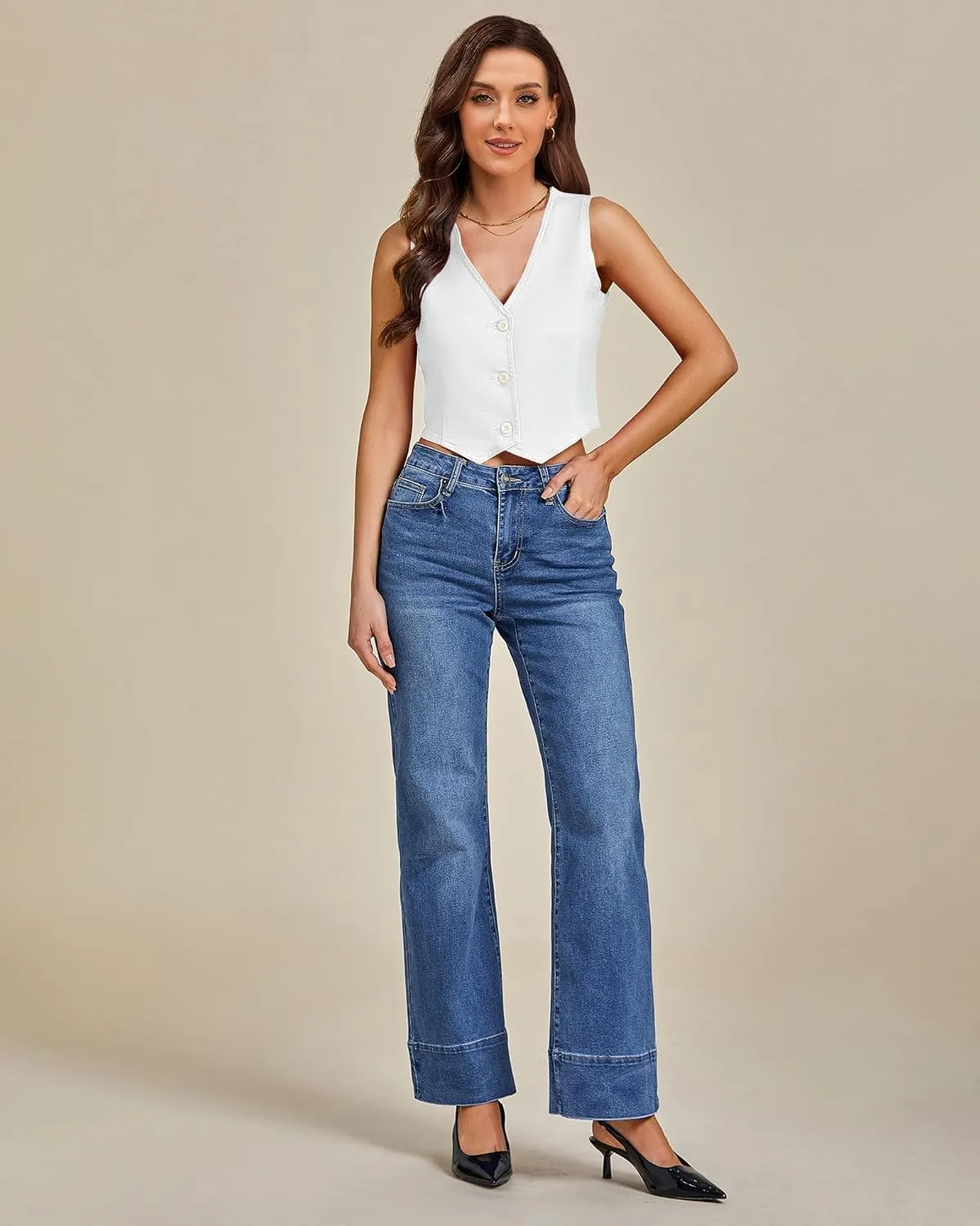 LookbookStore Denim Vest for Women Trendy Sleeveless Cropped Stretchy Jean Vests Top Summer Casual Button Wasitcoat Tops