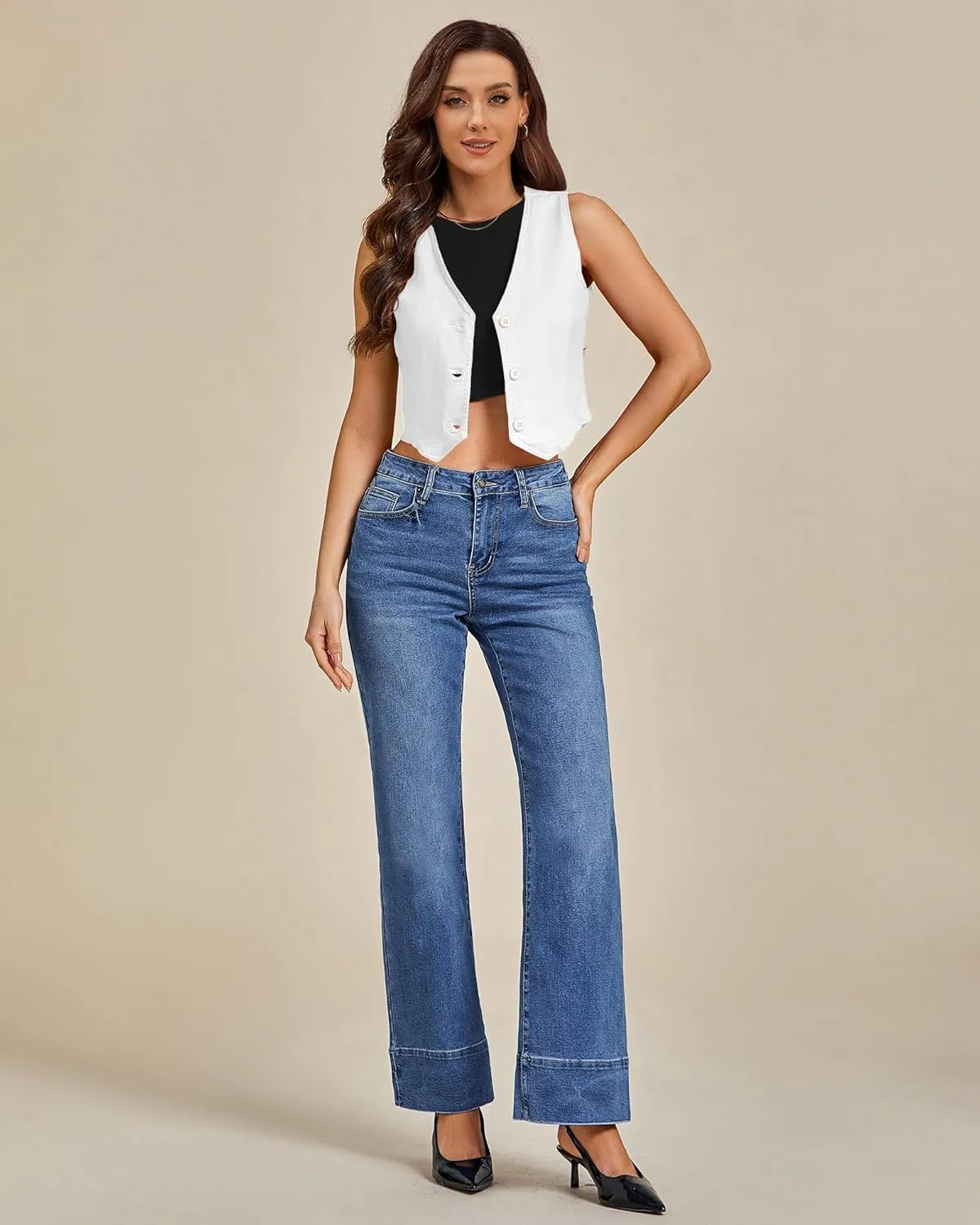 LookbookStore Denim Vest for Women Trendy Sleeveless Cropped Stretchy Jean Vests Top Summer Casual Button Wasitcoat Tops