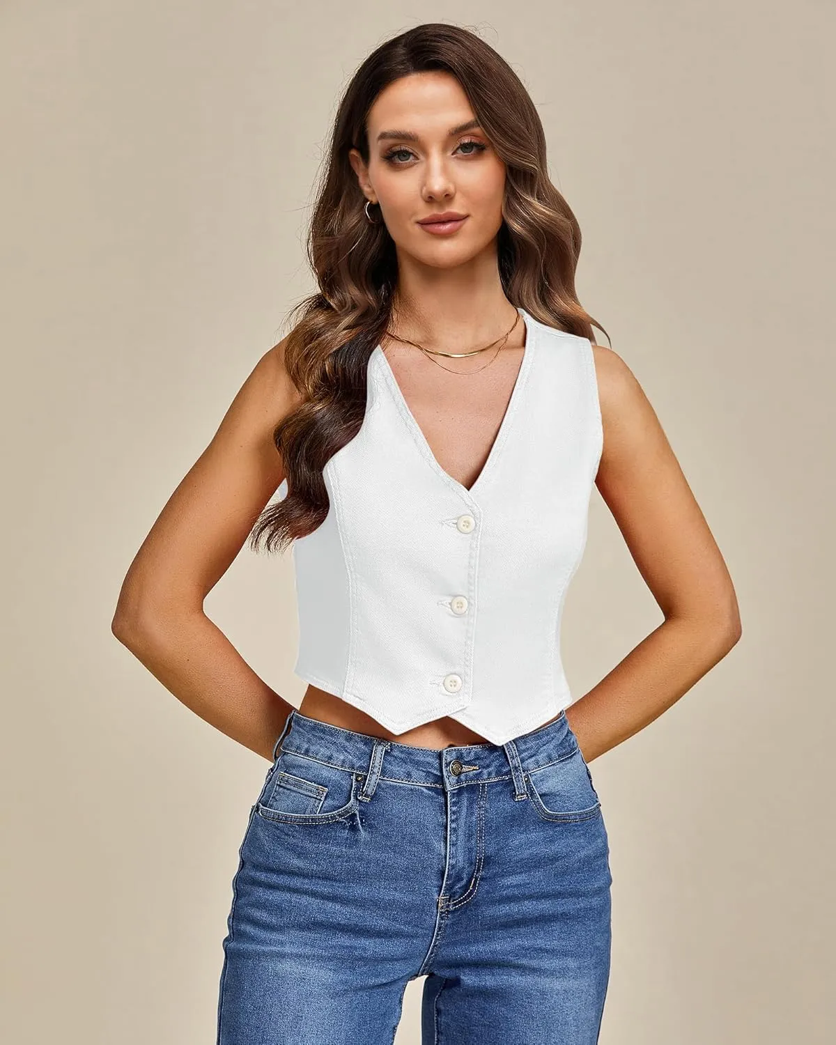 LookbookStore Denim Vest for Women Trendy Sleeveless Cropped Stretchy Jean Vests Top Summer Casual Button Wasitcoat Tops
