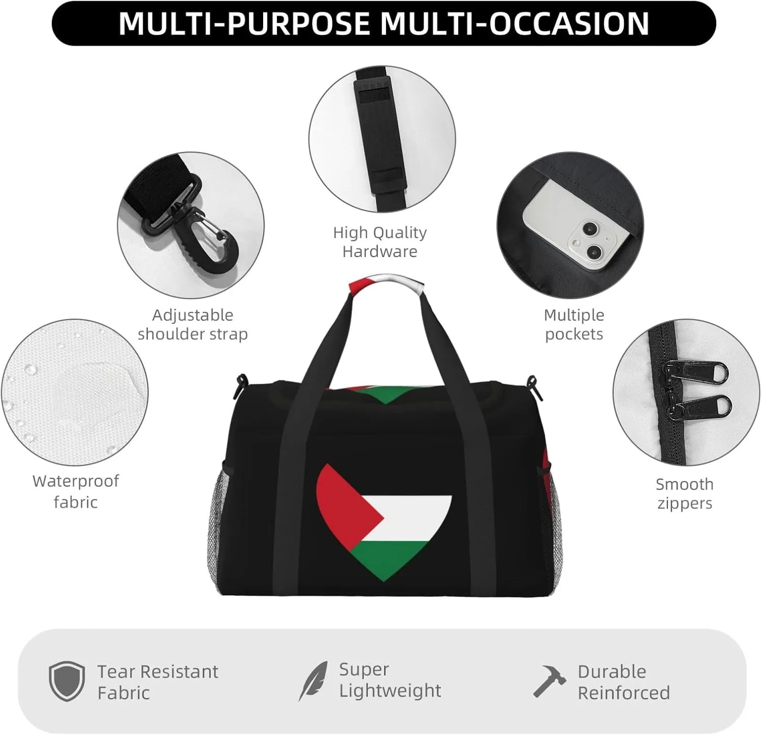 Love Palestine Flag Travel Duffel Bag Large Foldable Waterproof Overnight Bag For Beach Swim Bags Pool Sports Gym