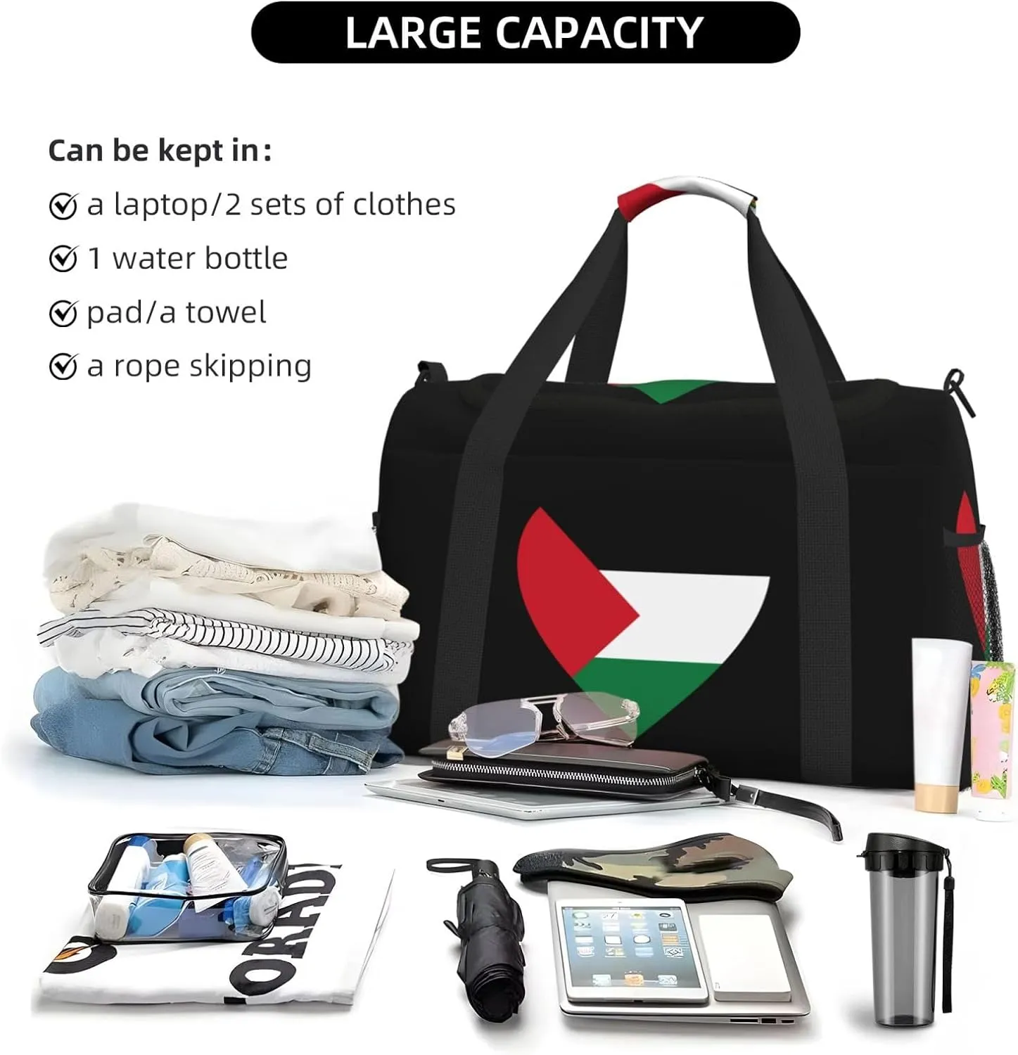 Love Palestine Flag Travel Duffel Bag Large Foldable Waterproof Overnight Bag For Beach Swim Bags Pool Sports Gym