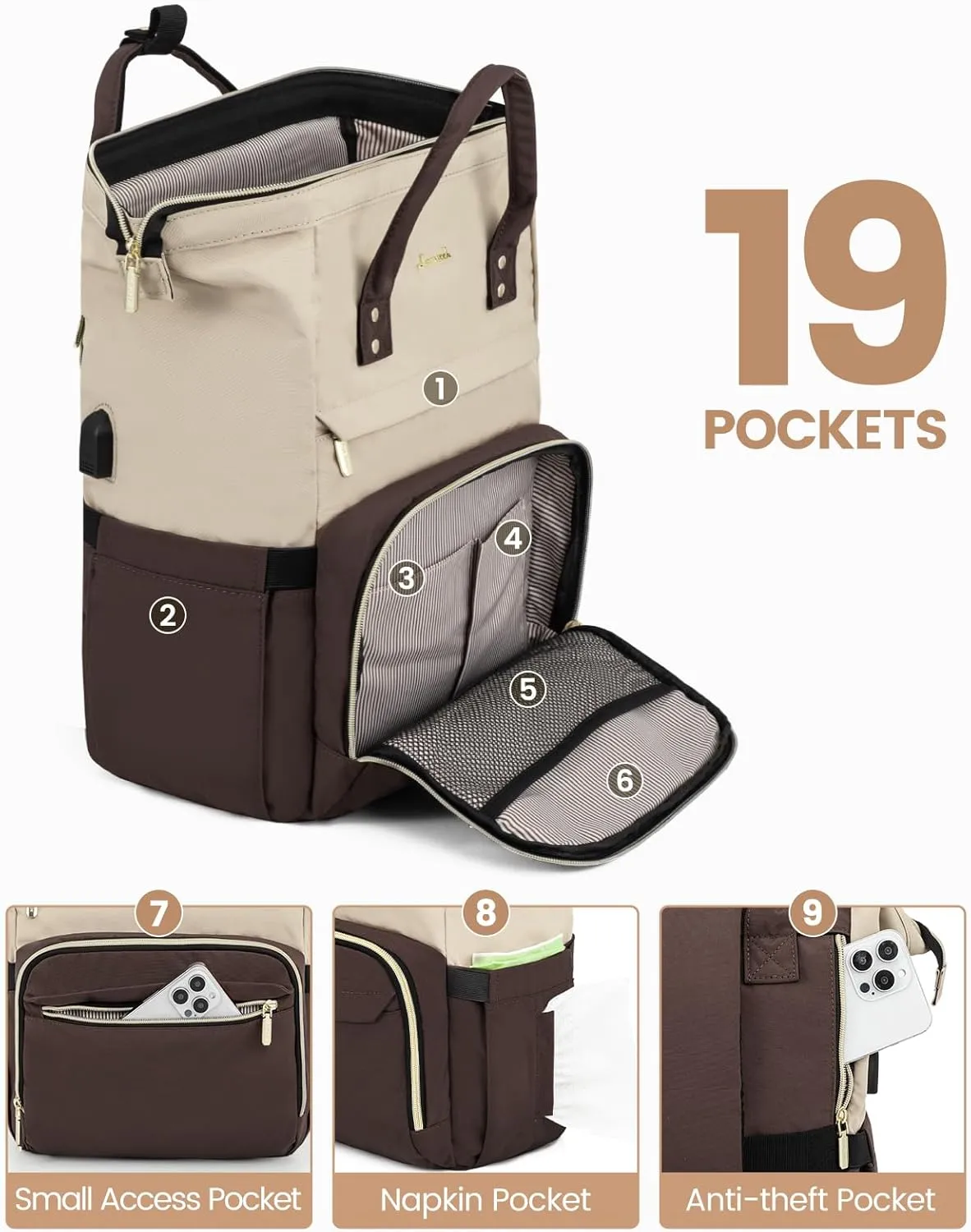 LOVEVOOK Laptop Backpack for Women, Fashion Travel Computer Business Bags, Doctor Nurse Backpack Purse For Work with USB Port, Fits 17-Inch Laptop, Light Apricot-Coffee