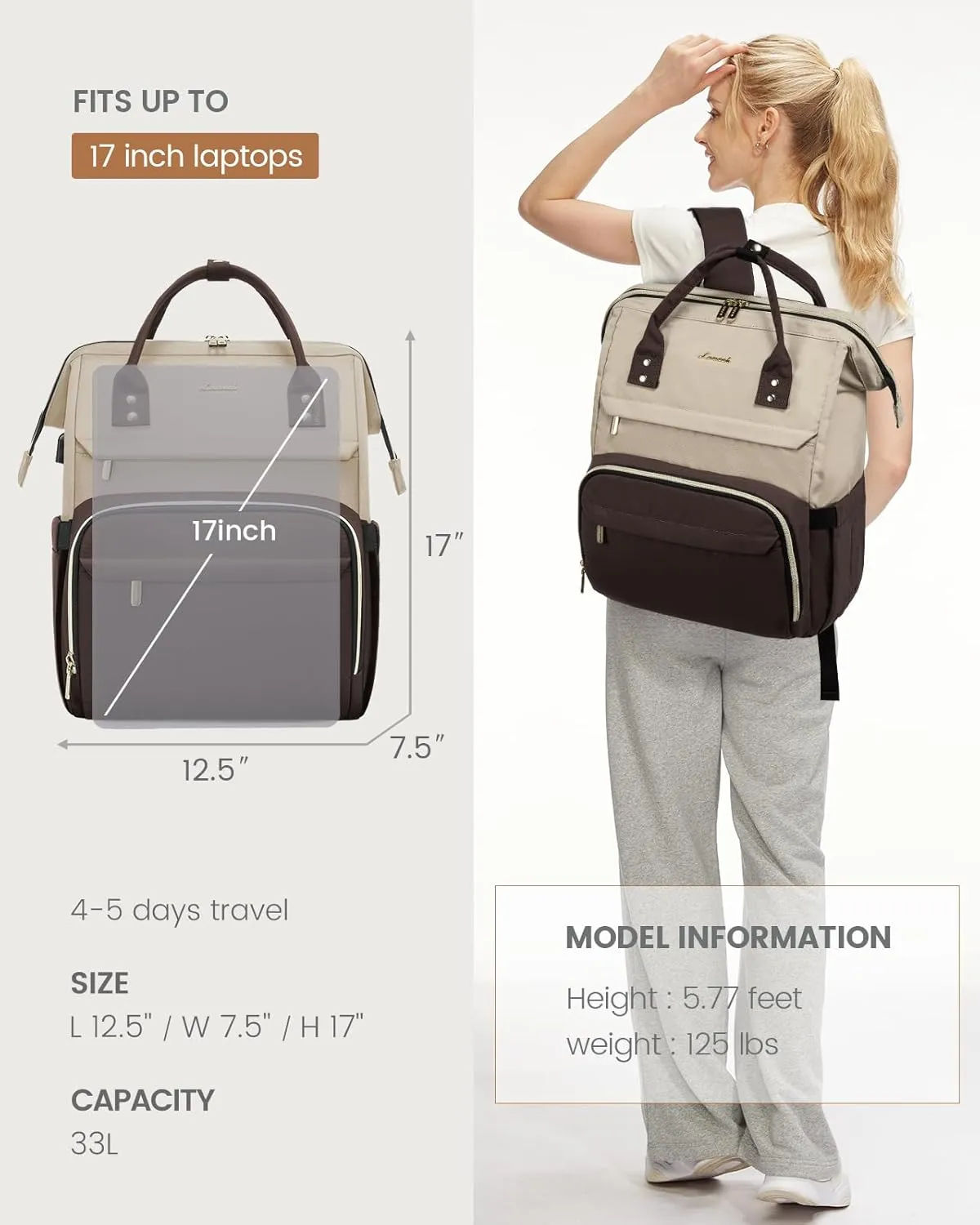 LOVEVOOK Laptop Backpack for Women, Fashion Travel Computer Business Bags, Doctor Nurse Backpack Purse For Work with USB Port, Fits 17-Inch Laptop, Light Apricot-Coffee