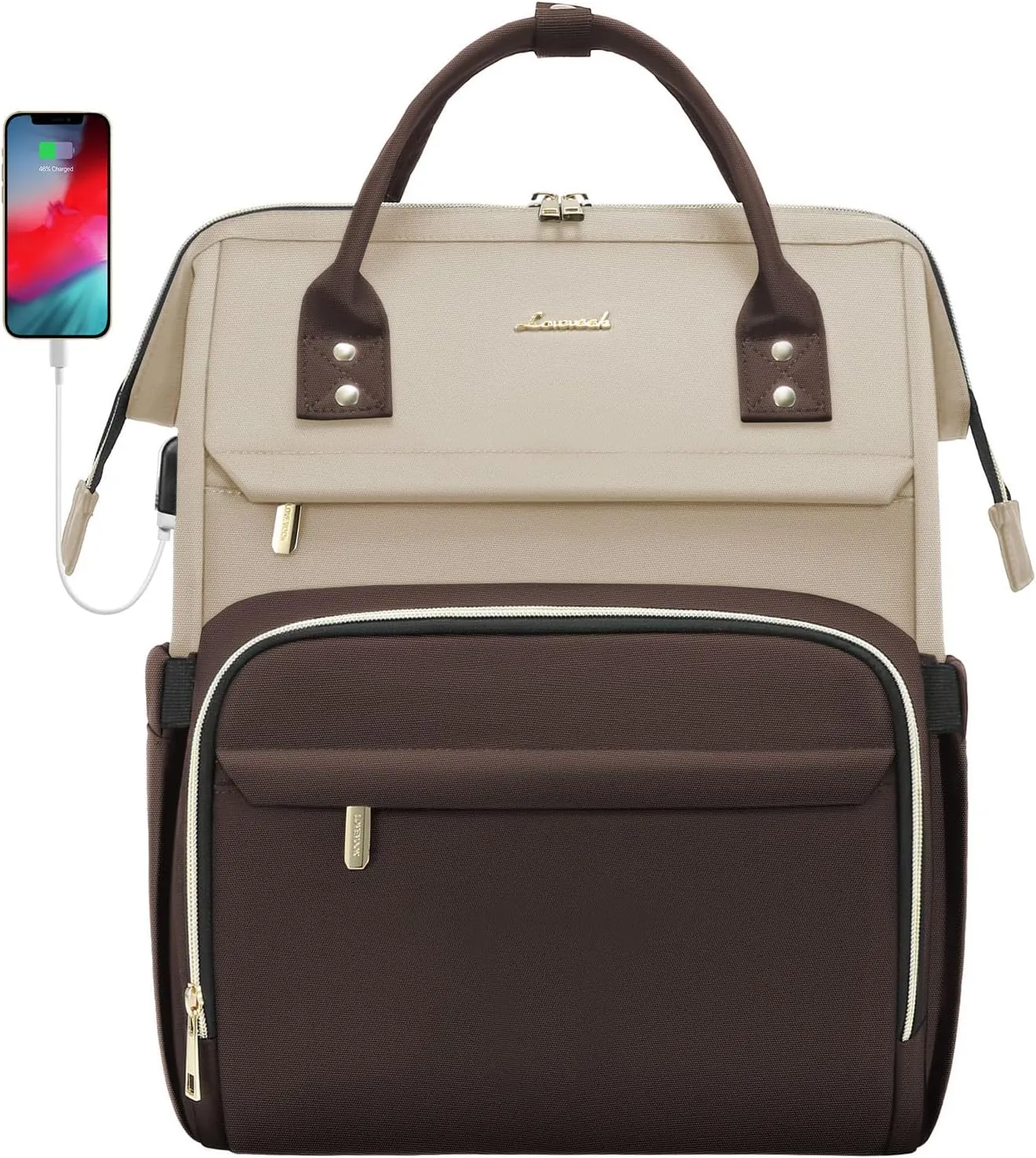 LOVEVOOK Laptop Backpack for Women, Fashion Travel Computer Business Bags, Doctor Nurse Backpack Purse For Work with USB Port, Fits 17-Inch Laptop, Light Apricot-Coffee