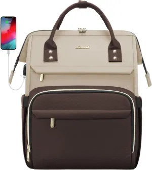 LOVEVOOK Laptop Backpack for Women, Fashion Travel Computer Business Bags, Doctor Nurse Backpack Purse For Work with USB Port, Fits 17-Inch Laptop, Light Apricot-Coffee