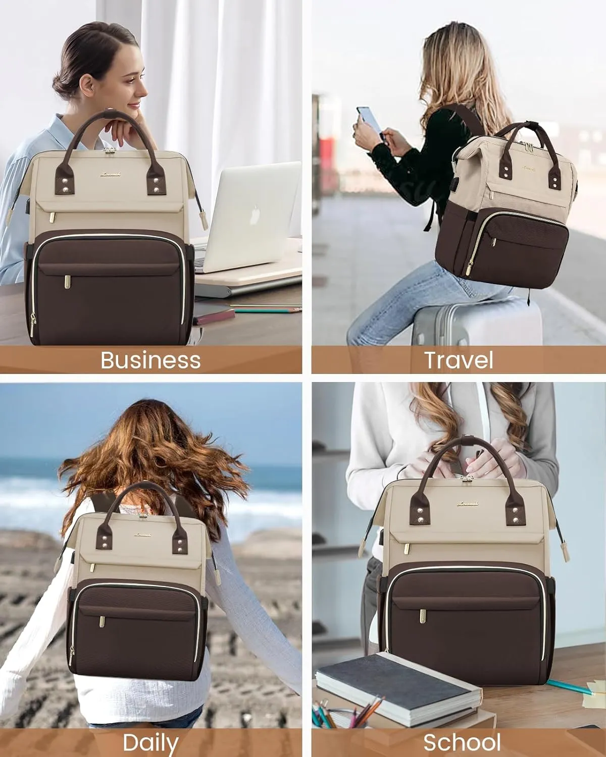 LOVEVOOK Laptop Backpack for Women, Fashion Travel Computer Business Bags, Doctor Nurse Backpack Purse For Work with USB Port, Fits 17-Inch Laptop, Light Apricot-Coffee