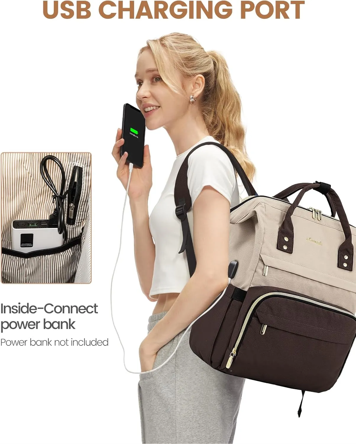 LOVEVOOK Laptop Backpack for Women, Fashion Travel Computer Business Bags, Doctor Nurse Backpack Purse For Work with USB Port, Fits 17-Inch Laptop, Light Apricot-Coffee