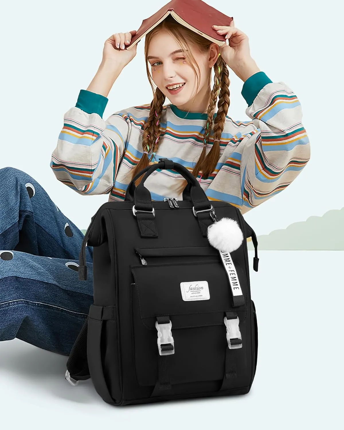 LOVEVOOK School Backpack for Student,15.6 Inch College Backpack, Light Weight Cute Bookbag for Girls, Waterproof Casual Daypack Laptop Backpack fits School Travel Casual（Black）