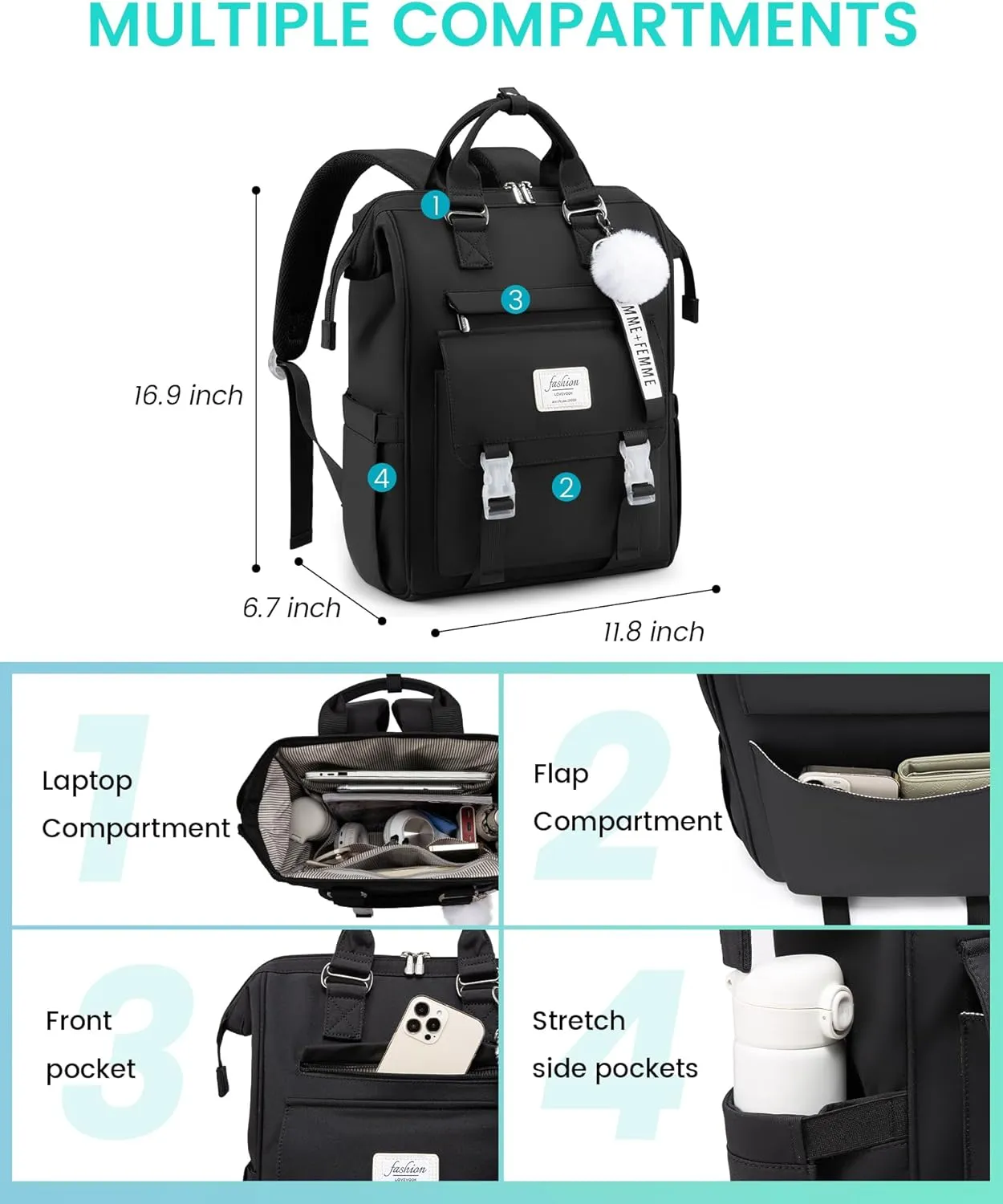 LOVEVOOK School Backpack for Student,15.6 Inch College Backpack, Light Weight Cute Bookbag for Girls, Waterproof Casual Daypack Laptop Backpack fits School Travel Casual（Black）