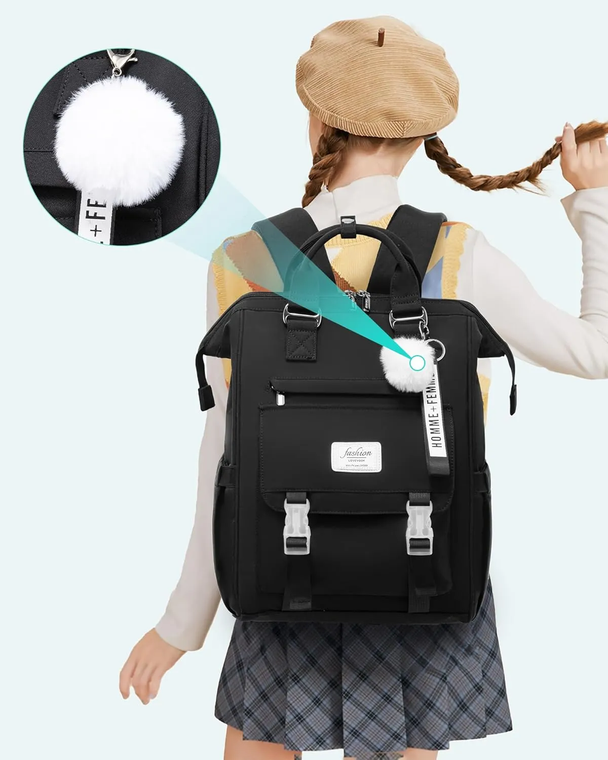 LOVEVOOK School Backpack for Student,15.6 Inch College Backpack, Light Weight Cute Bookbag for Girls, Waterproof Casual Daypack Laptop Backpack fits School Travel Casual（Black）