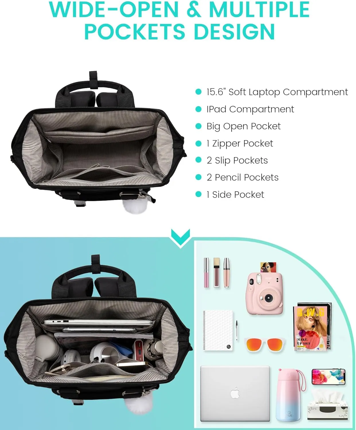 LOVEVOOK School Backpack for Student,15.6 Inch College Backpack, Light Weight Cute Bookbag for Girls, Waterproof Casual Daypack Laptop Backpack fits School Travel Casual（Black）