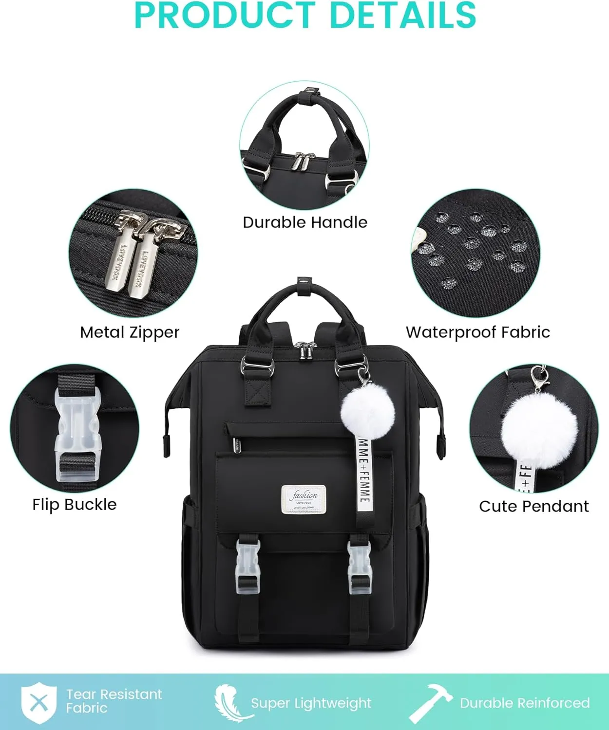 LOVEVOOK School Backpack for Student,15.6 Inch College Backpack, Light Weight Cute Bookbag for Girls, Waterproof Casual Daypack Laptop Backpack fits School Travel Casual（Black）