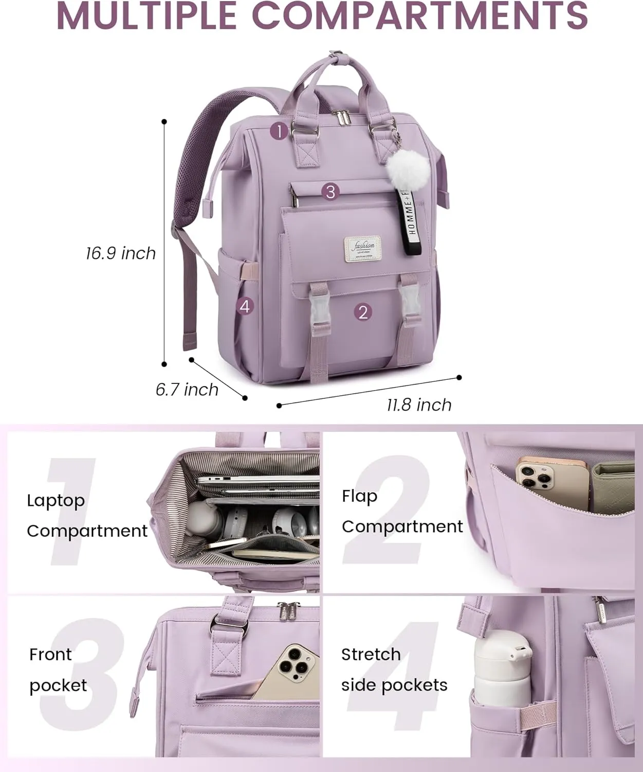 LOVEVOOK School Backpack for Student,15.6 Inch College Backpack, Light Weight Cute Bookbag for Girls, Waterproof Casual Daypack Laptop Backpack fits School Travel Casual（Taro Purple）