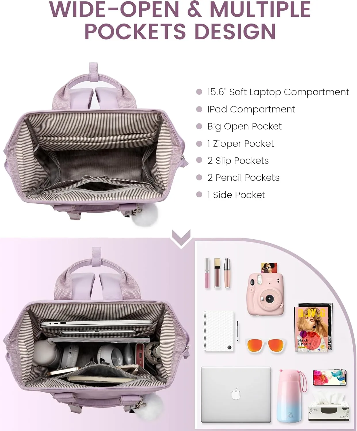 LOVEVOOK School Backpack for Student,15.6 Inch College Backpack, Light Weight Cute Bookbag for Girls, Waterproof Casual Daypack Laptop Backpack fits School Travel Casual（Taro Purple）