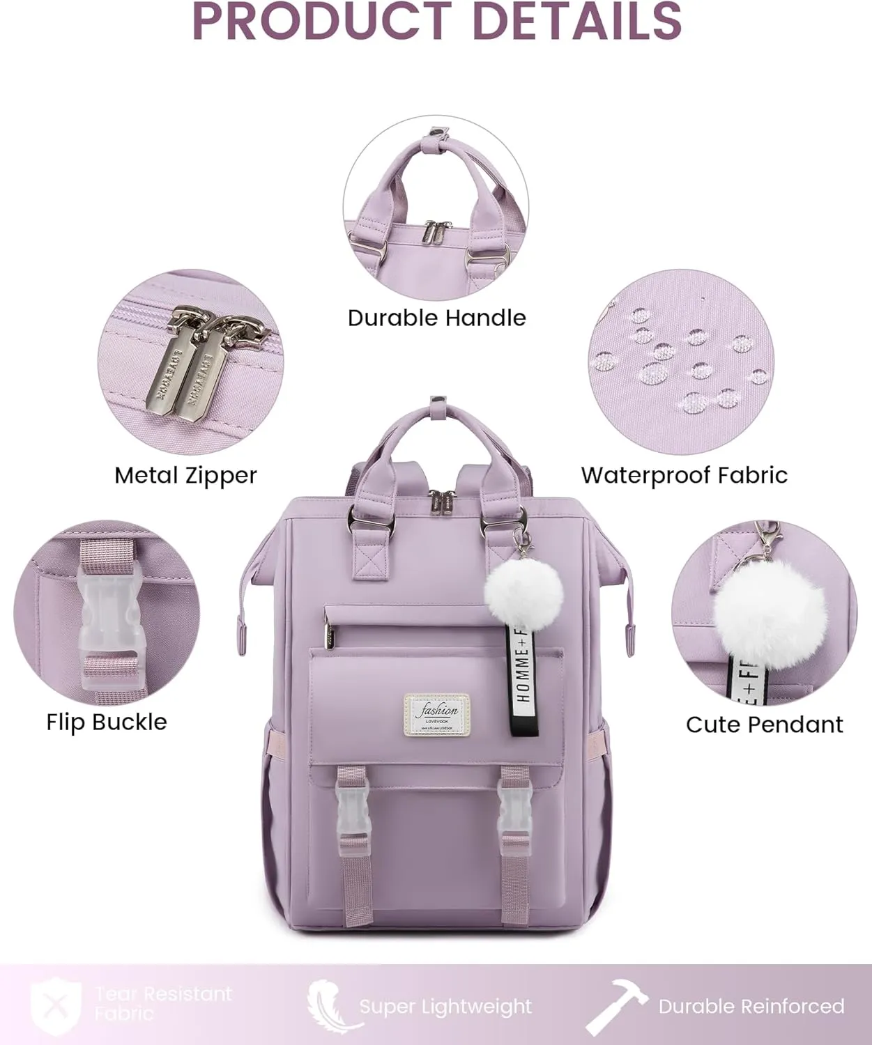 LOVEVOOK School Backpack for Student,15.6 Inch College Backpack, Light Weight Cute Bookbag for Girls, Waterproof Casual Daypack Laptop Backpack fits School Travel Casual（Taro Purple）