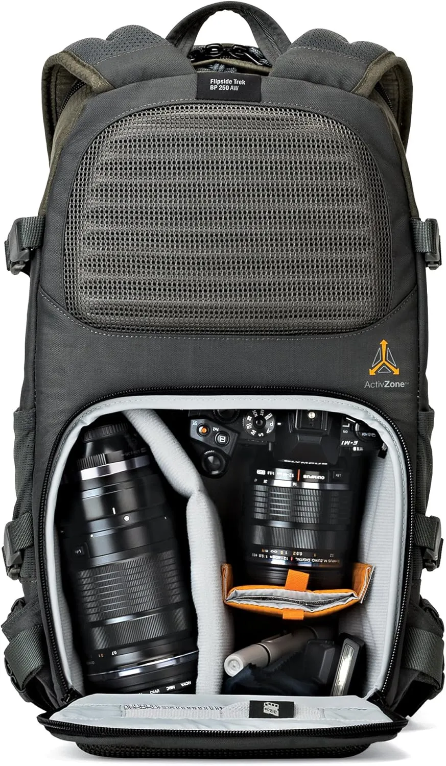 Lowepro LP37014-PWW, Flipside Trek BP 250 AW Backpack for Camera with ActiveZone Suspension System, Tablet Compartment, Grey/Dark Green
