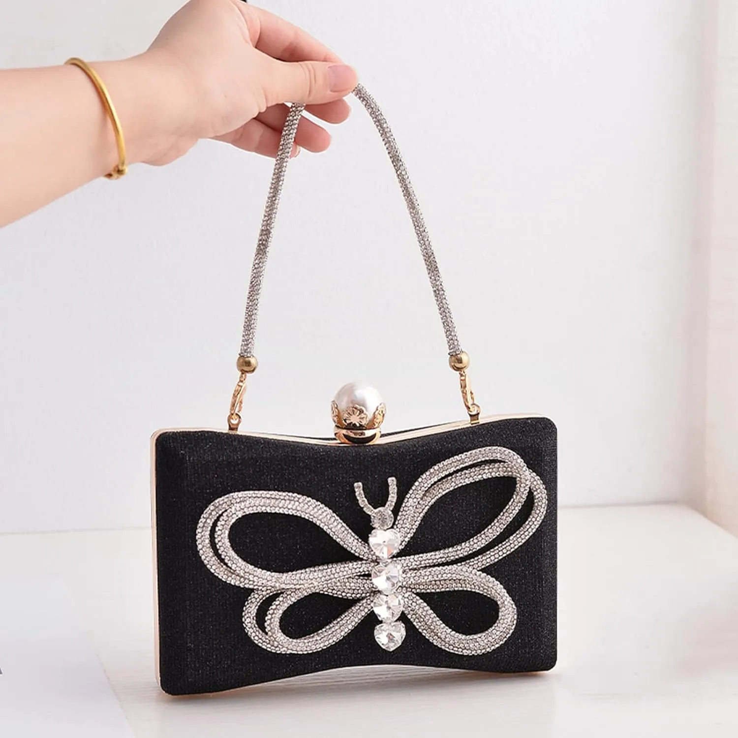 LUOZZY Butterfly Clutch Rhinestone Purse Sparkly Evening Bag with Pearl Clasp Clutch Purse for Women Formal Event Prom Party