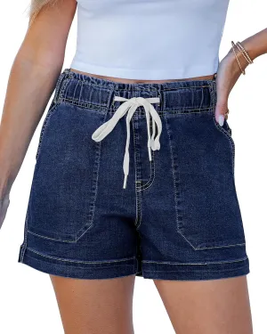luvamia Jean Shorts for Women High Waisted Pull On Drawstring Elastic Waist Trendy Stretchy Denim Jorts Summer Shorts