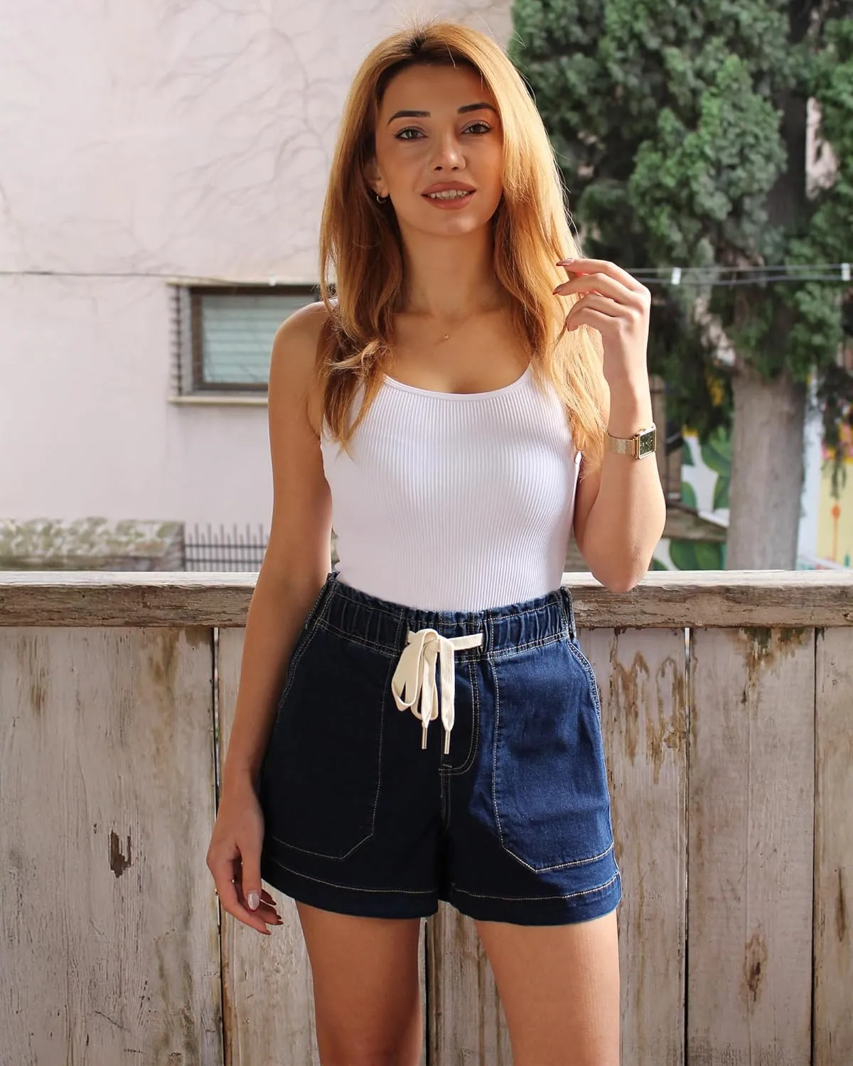 luvamia Jean Shorts for Women High Waisted Pull On Drawstring Elastic Waist Trendy Stretchy Denim Jorts Summer Shorts