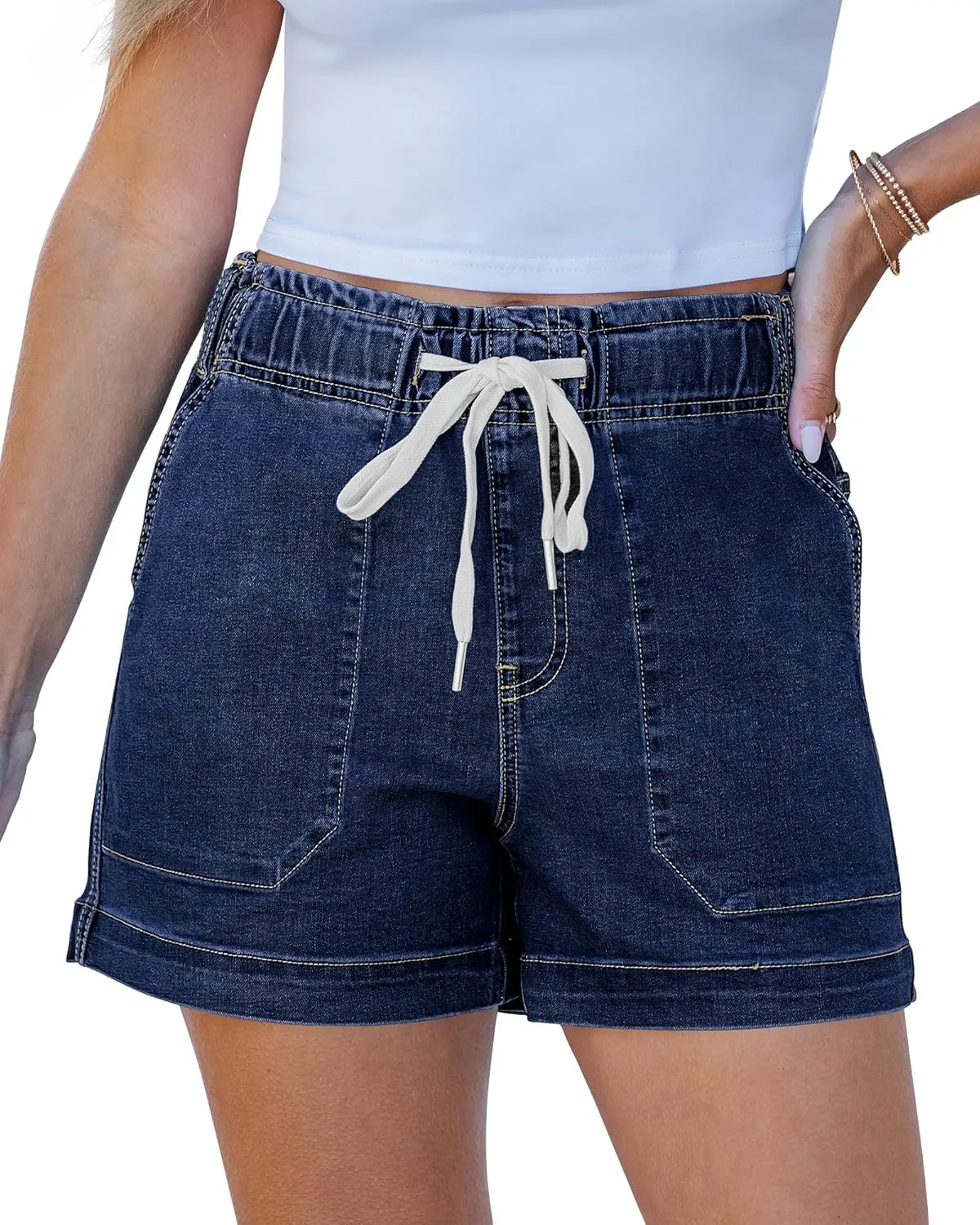 luvamia Jean Shorts for Women High Waisted Pull On Drawstring Elastic Waist Trendy Stretchy Denim Jorts Summer Shorts