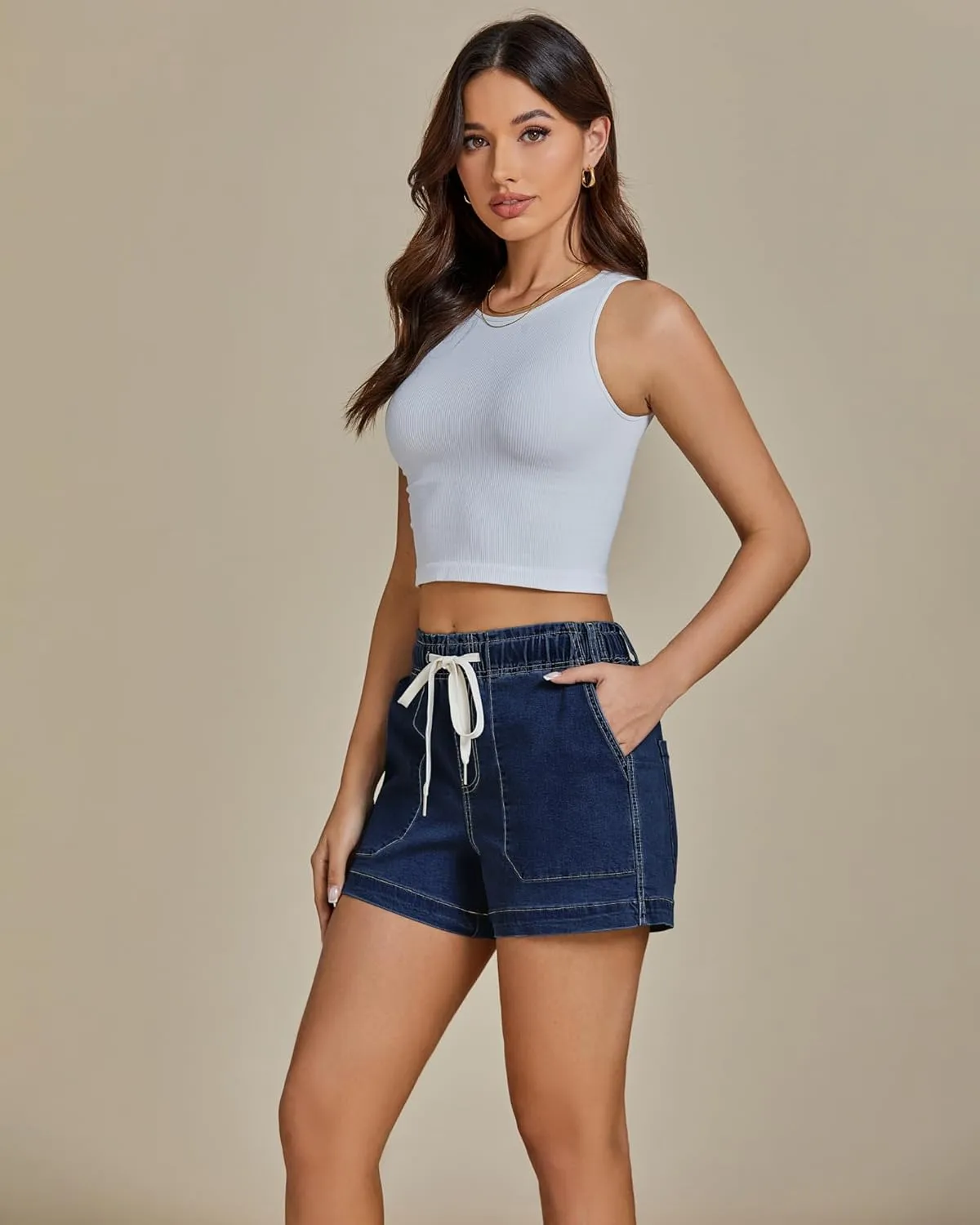 luvamia Jean Shorts for Women High Waisted Pull On Drawstring Elastic Waist Trendy Stretchy Denim Jorts Summer Shorts