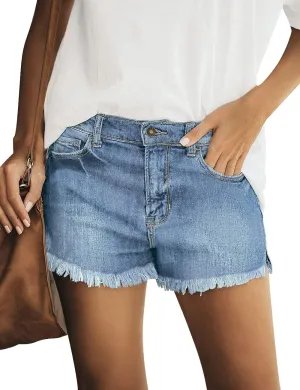 luvamia Women's Casual Mid Rise Denim Shorts Stretch Ripped Raw Hem Jean Shorts