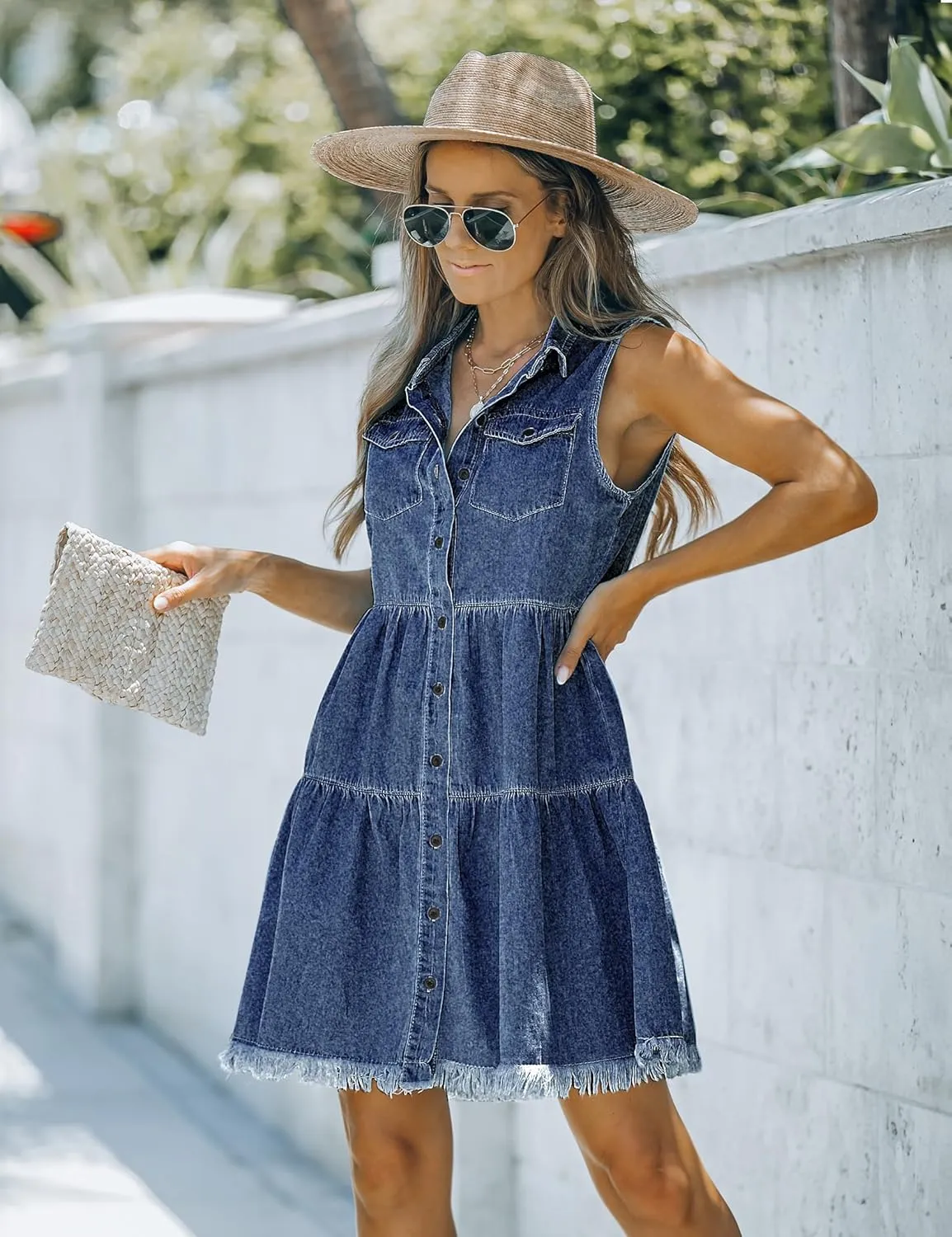 luvamia Women's Casual Summer Lapel Sleeveless Button Down Short Denim Jean Dress