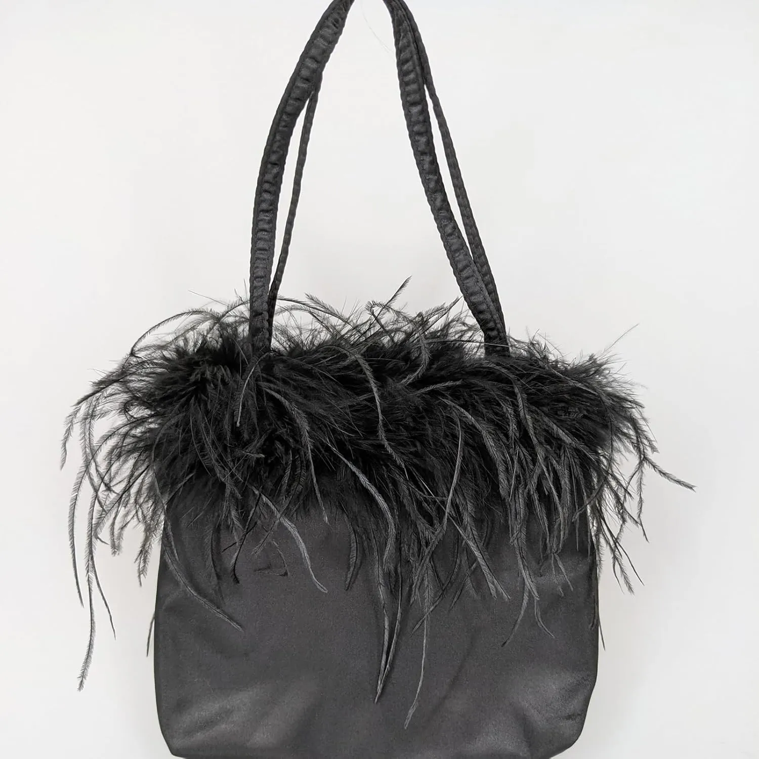 LVCOMEFF Women Ostrich Feather-trim Satin Evening Purse Silky Mini Handbag Cute for Party Peach Fuzz Elegant
