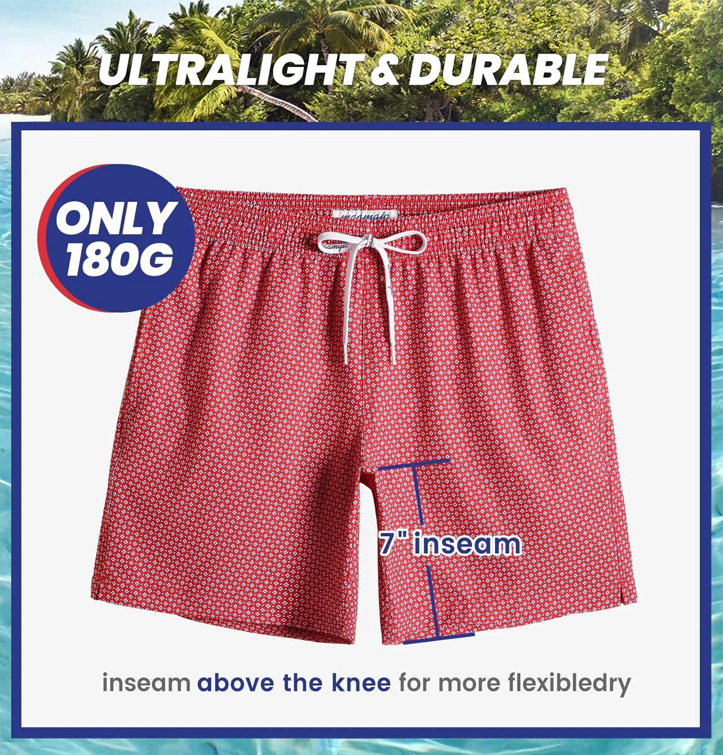 maamgic Mens 7" Stretch Swim Trunks Quick Dry Mesh Lining Swimwear Bathing Suits