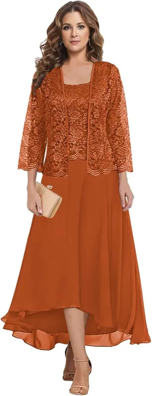 MAGGCIF Lace Mother of The Bride Dresses with Jacket 2 Pieces Chiffon Ruffle Long Evening Formal Wedding Guest Dress