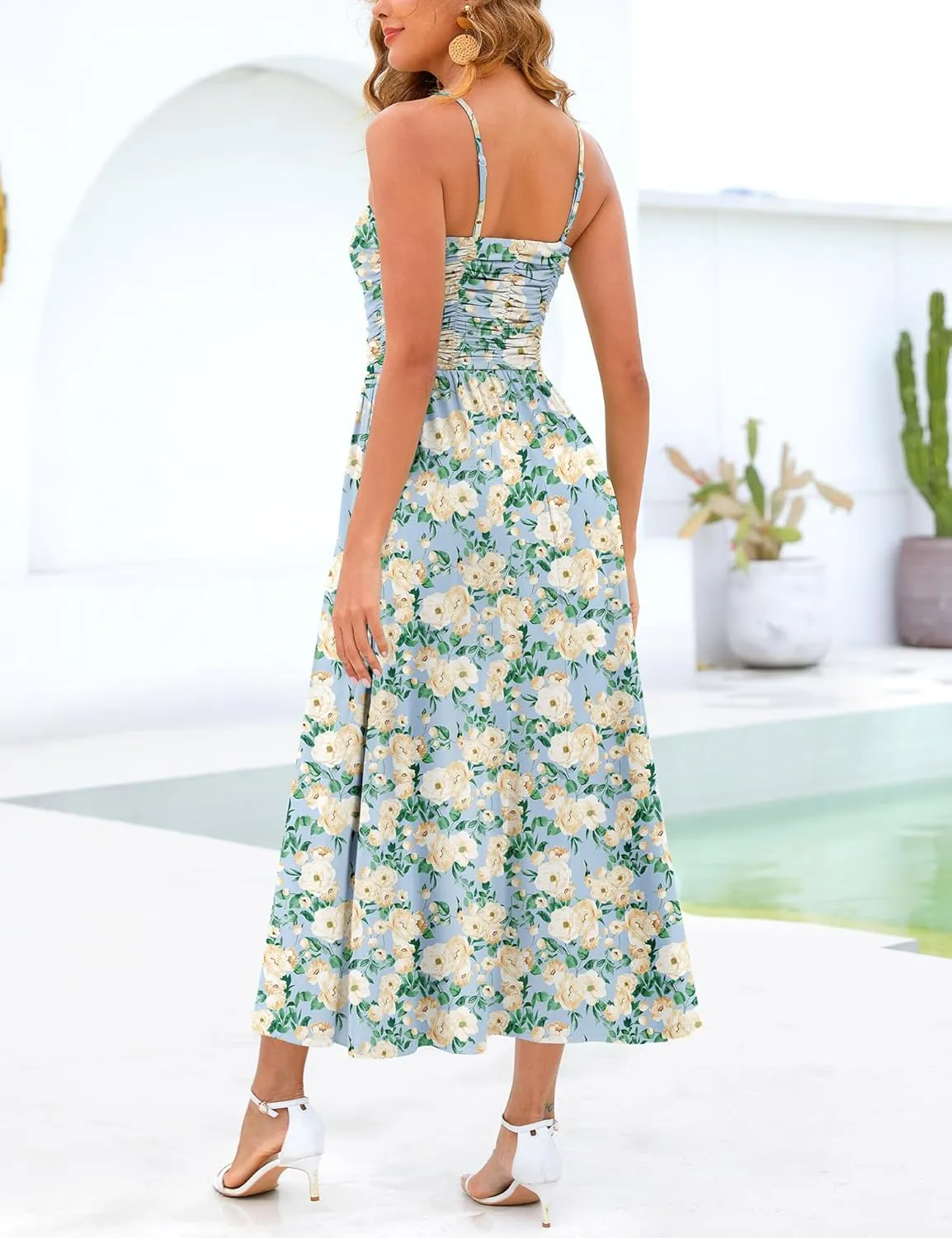 Maggeer Women's 2025 Summer Adjustable Spaghetti Strap Ruched Maxi Dress Floral Beach Boho Long Sundress with Pockets