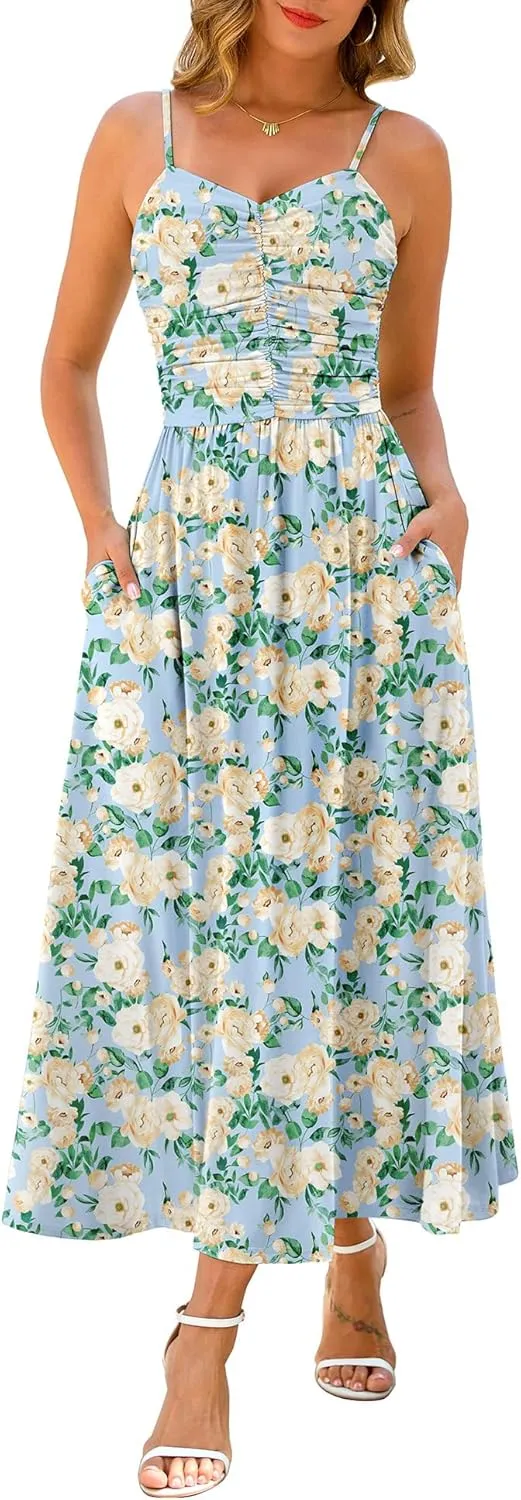 Maggeer Women's 2025 Summer Adjustable Spaghetti Strap Ruched Maxi Dress Floral Beach Boho Long Sundress with Pockets