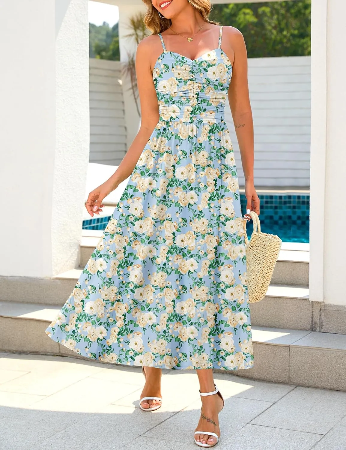 Maggeer Women's 2025 Summer Adjustable Spaghetti Strap Ruched Maxi Dress Floral Beach Boho Long Sundress with Pockets