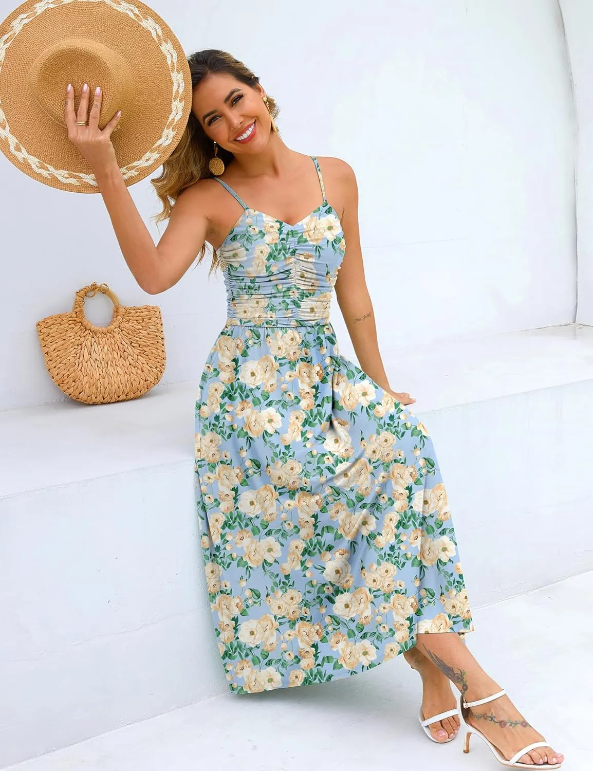 Maggeer Women's 2025 Summer Adjustable Spaghetti Strap Ruched Maxi Dress Floral Beach Boho Long Sundress with Pockets