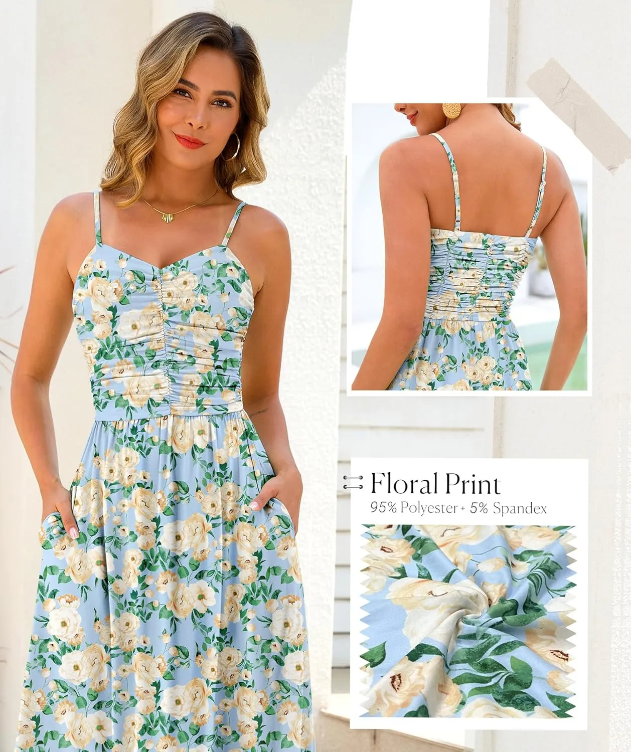 Maggeer Women's 2025 Summer Adjustable Spaghetti Strap Ruched Maxi Dress Floral Beach Boho Long Sundress with Pockets