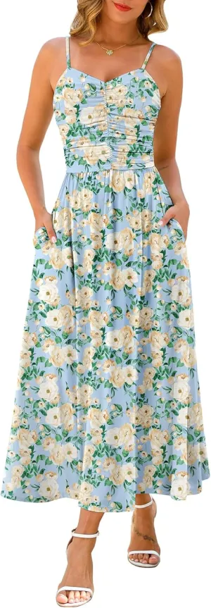 Maggeer Women's 2025 Summer Adjustable Spaghetti Strap Ruched Maxi Dress Floral Beach Boho Long Sundress with Pockets