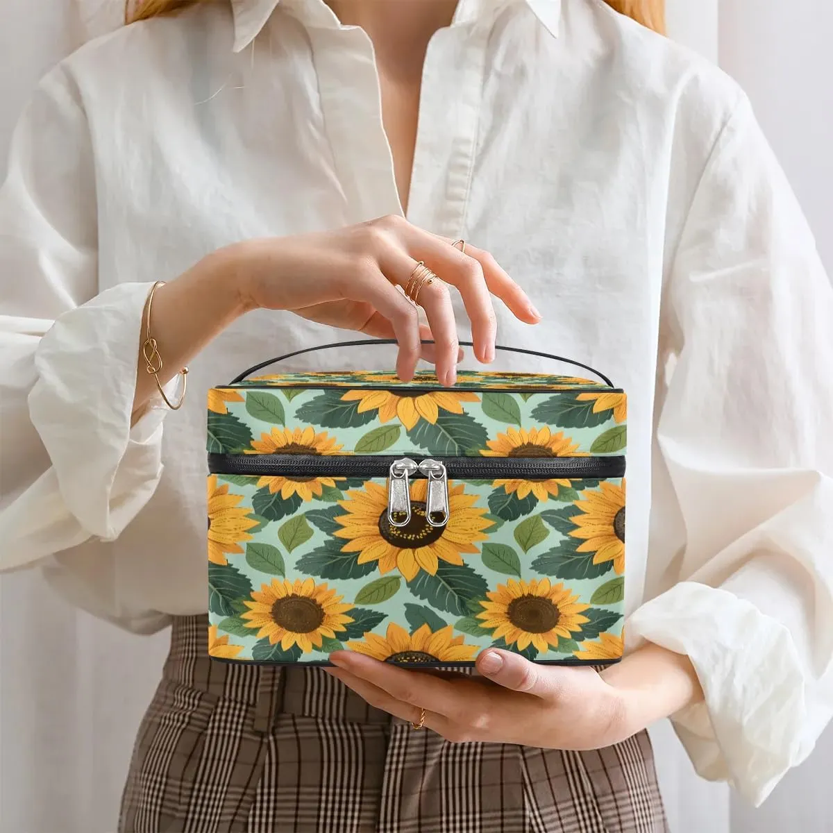 Makeup Bag Large Lovely Sunflowers Print Toiletry Bag for Women Travel Cosmetic Bag Portable Makeup Bag for Bottles Brushes Lipstick Skin Care