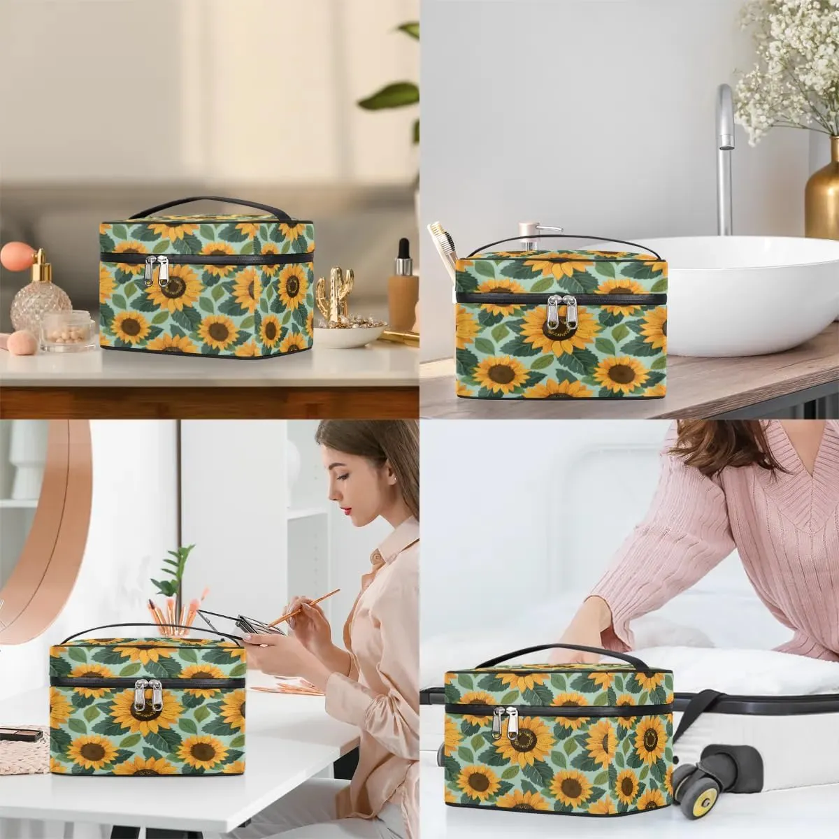 Makeup Bag Large Lovely Sunflowers Print Toiletry Bag for Women Travel Cosmetic Bag Portable Makeup Bag for Bottles Brushes Lipstick Skin Care