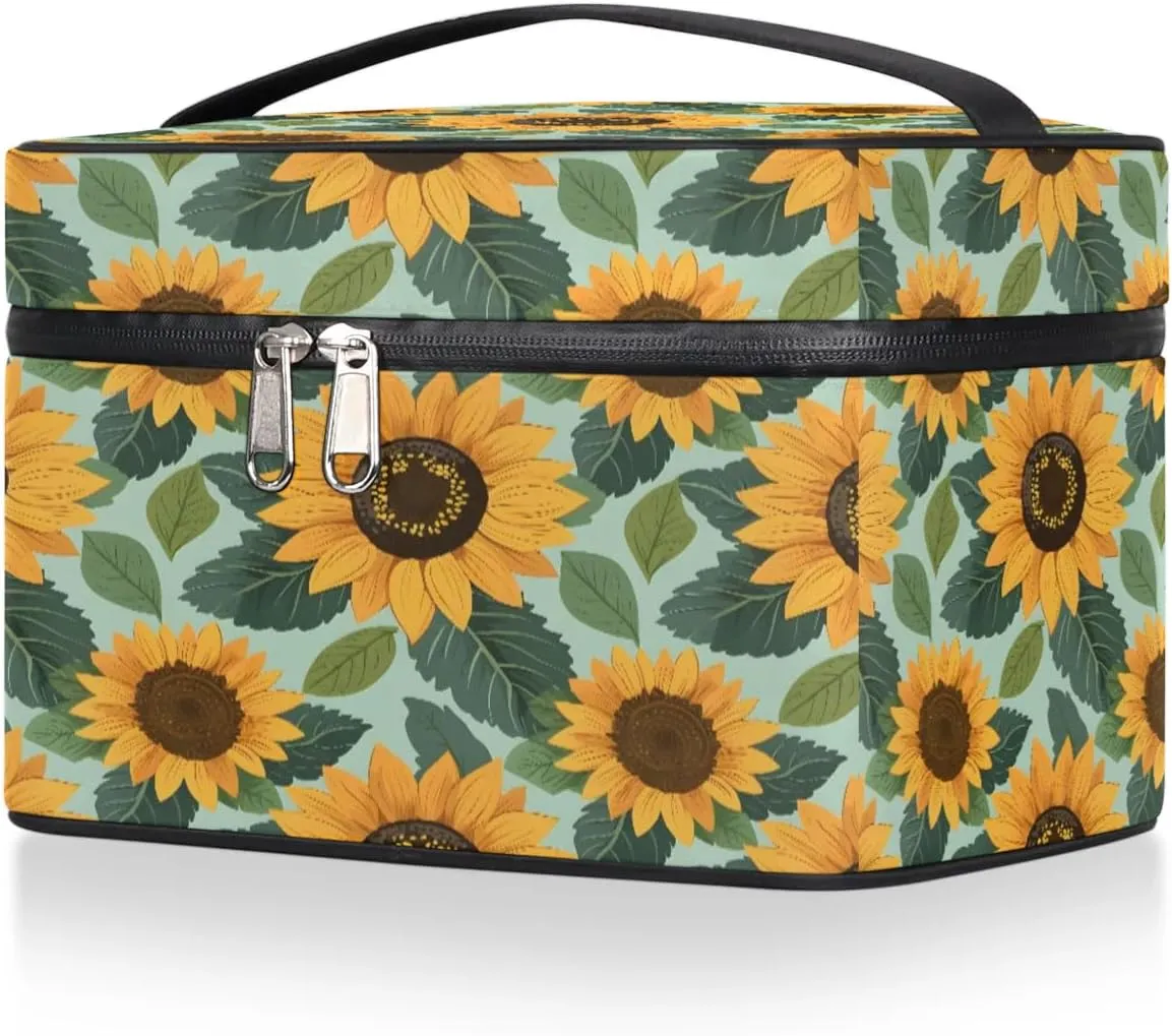 Makeup Bag Large Lovely Sunflowers Print Toiletry Bag for Women Travel Cosmetic Bag Portable Makeup Bag for Bottles Brushes Lipstick Skin Care