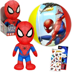 Marvel Spider-Man Plush Swim Toy Set - Bundle 16" Spiderman Plush Water Toy, Inflatable Beach Ball, Stickers, More | Marvel Spider-Man Doll Plush for Kids