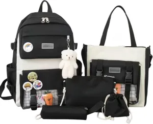 MAVERY 5-piece Kawaii backpack, laptop bag, teenage boys and girls schoolbag, multifunctional handbag (Black 2), AH-963