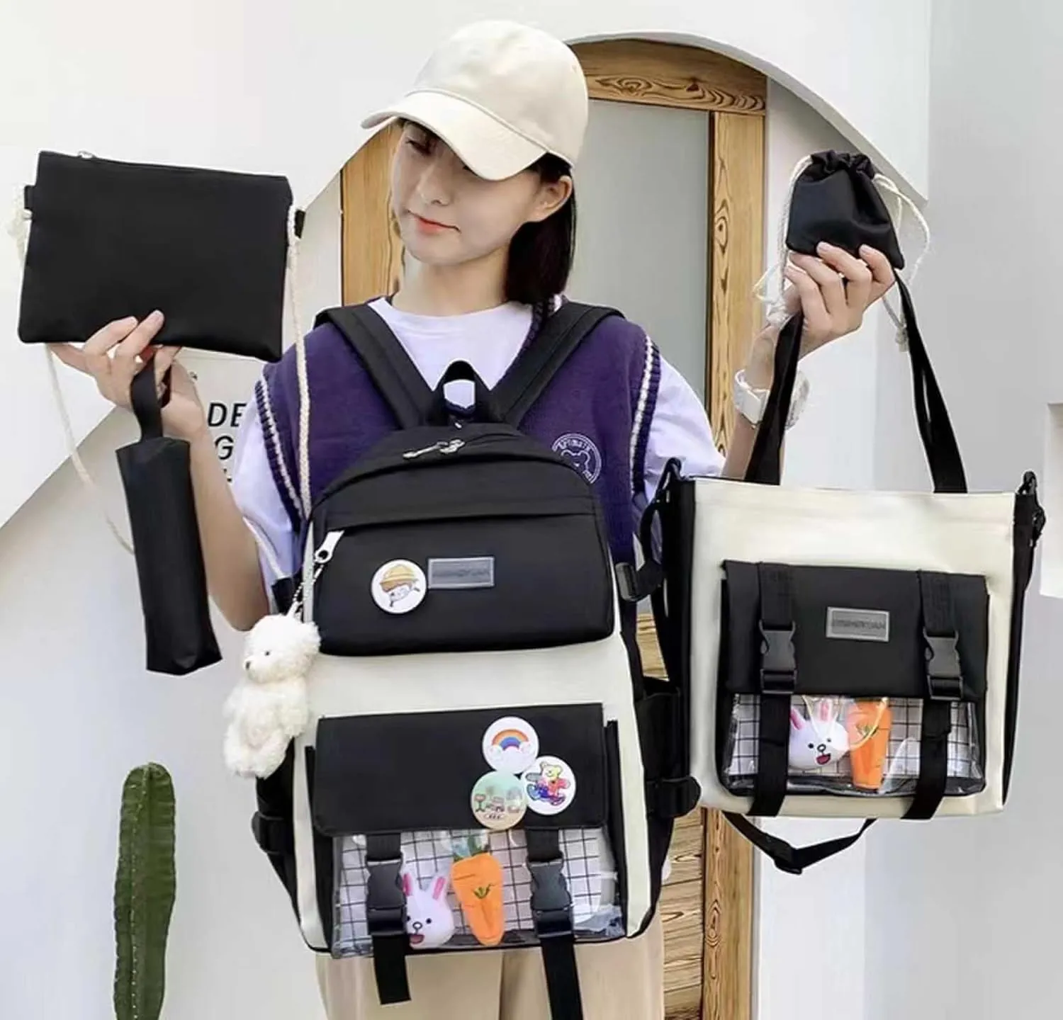 MAVERY 5-piece Kawaii backpack, laptop bag, teenage boys and girls schoolbag, multifunctional handbag (Black 2), AH-963