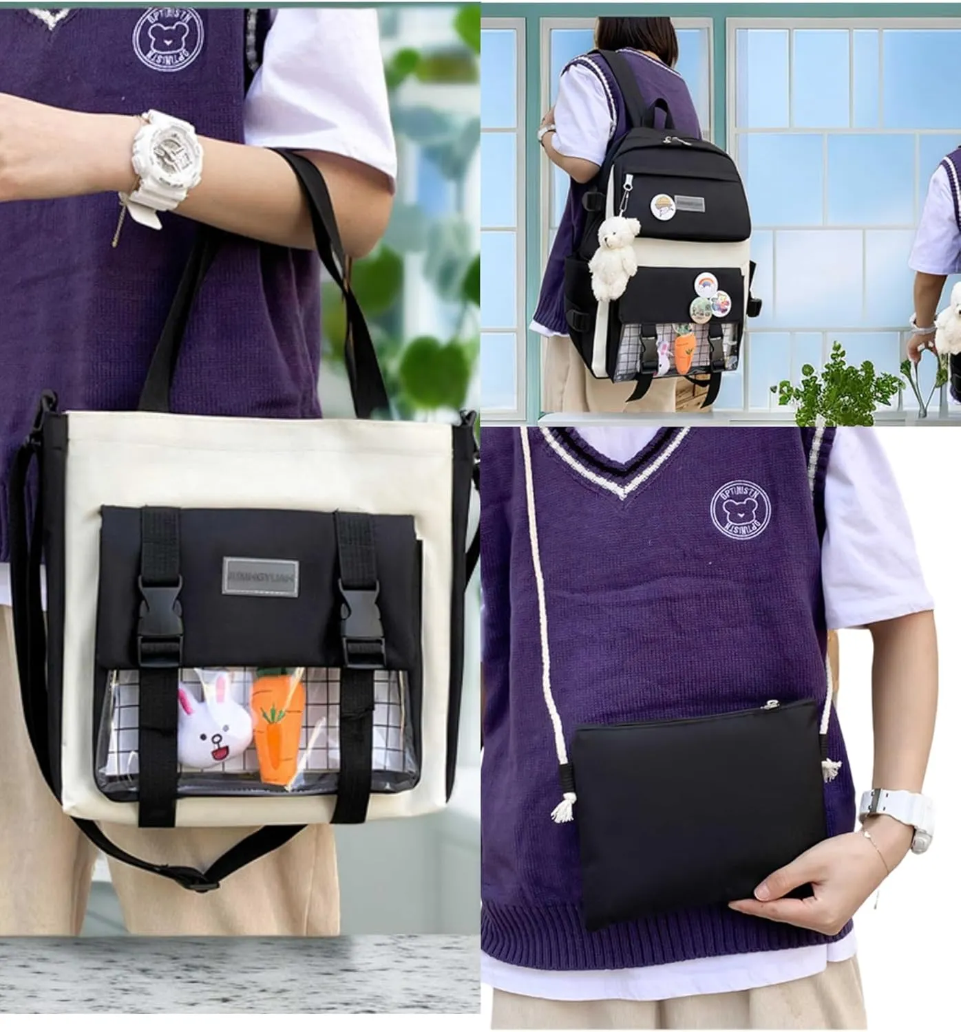 MAVERY 5-piece Kawaii backpack, laptop bag, teenage boys and girls schoolbag, multifunctional handbag (Black 2), AH-963