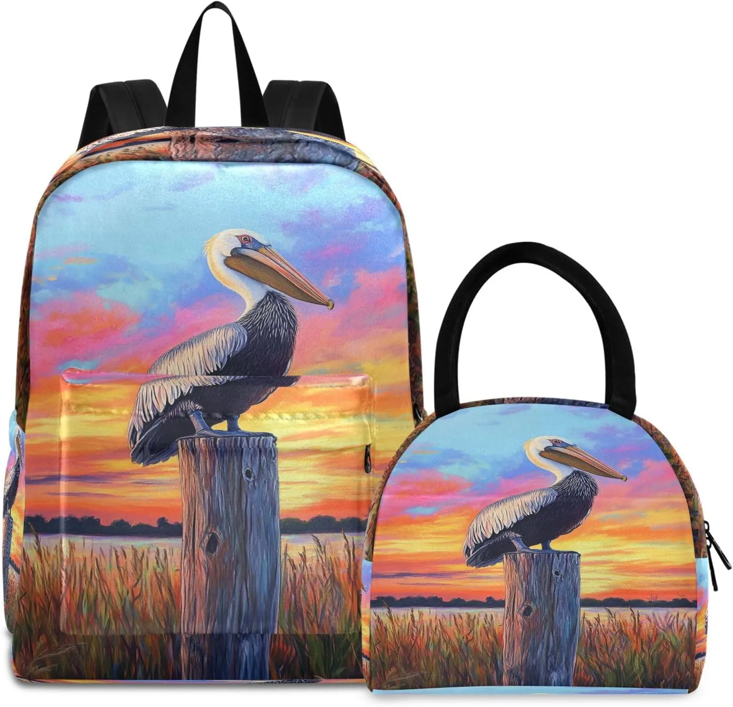 MCHIVER Pelicans Grassland Orange School Backpacks for Boys & Girls Light Weight Bookbag set with Lunch Box Rucksack for Middle Elementary School 2 Pcs